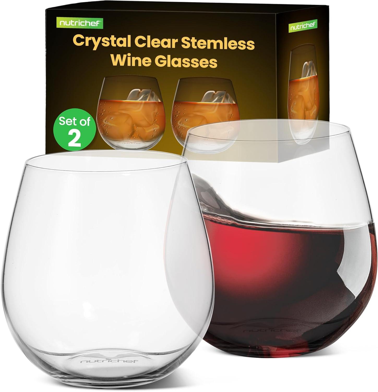 NutriChef 2 Pcs. of Crystal-Clear Stemless Wine Glass - Ultra Clear and Thin, Elegant Clear Wine Glasses, Hand Blown