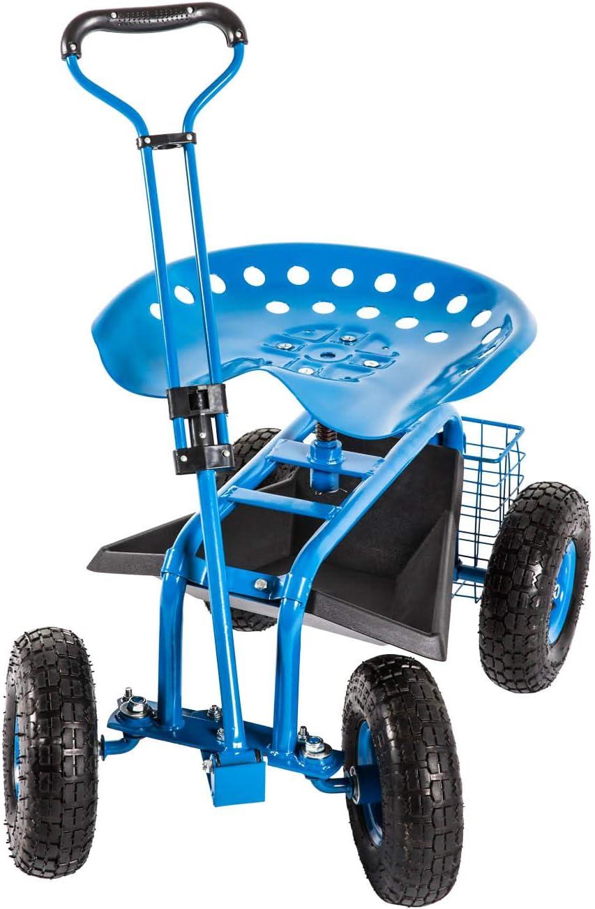 Rolling Garden Cart Scooter Stool - Garden Seat with Wheels Garden Cart with Seat, Adjustable Handle 360 Degree Swivel (Blue)