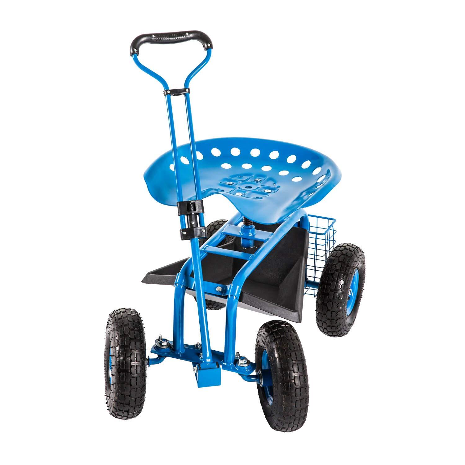 Rolling Garden Cart Scooter Stool - Garden Seat with Wheels Garden Cart with Seat, Adjustable Handle 360 Degree Swivel (Blue)