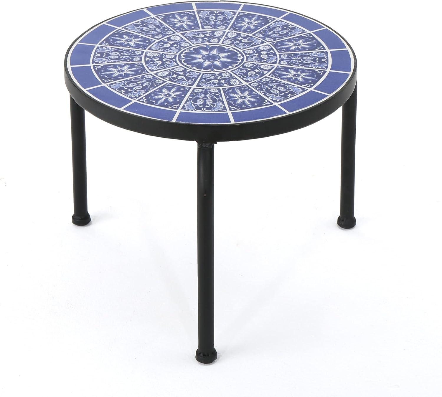 Soleil Blue & White Ceramic Tile Iron Outdoor Side Table