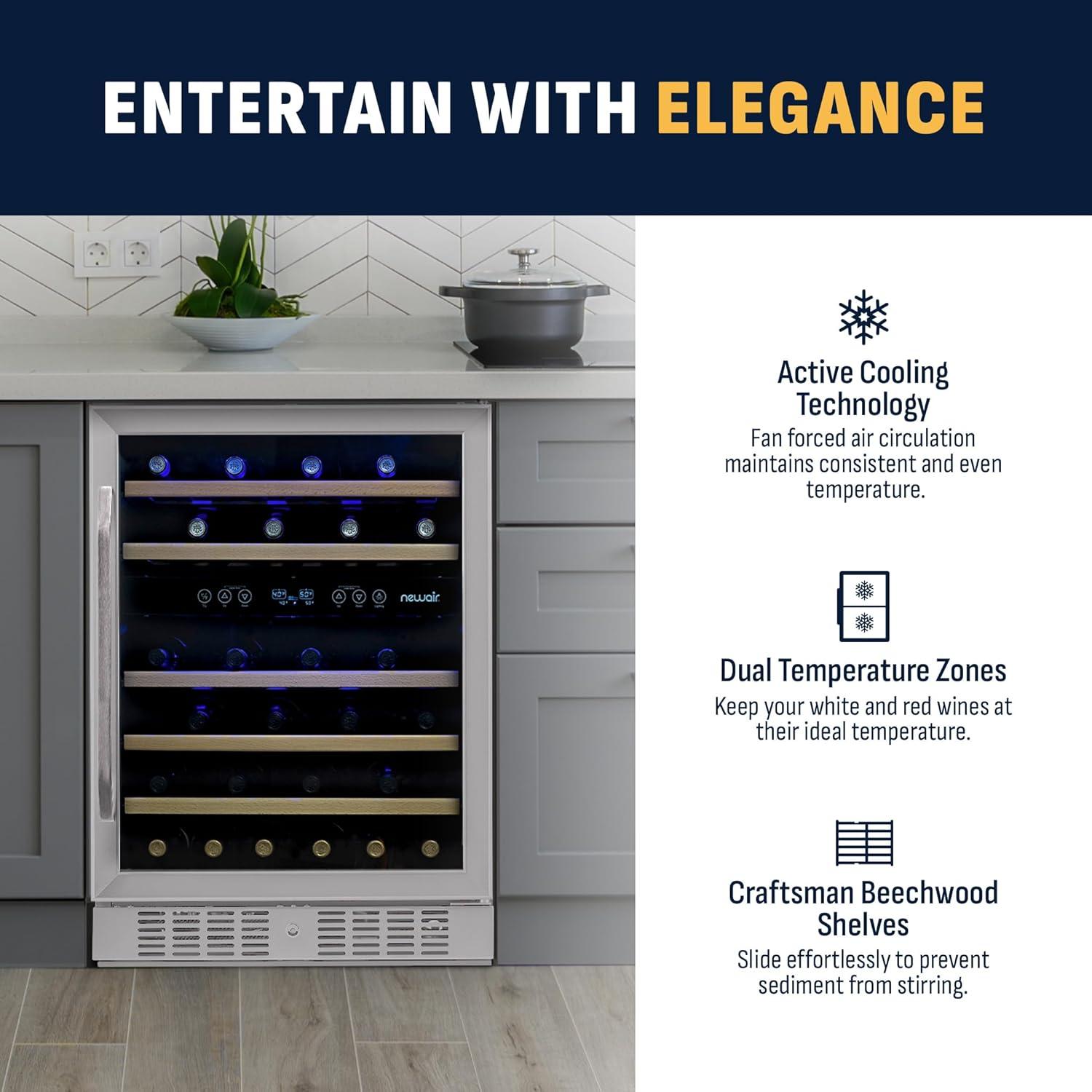 Newair 24 in. 46 Bottle Dual Zone Built-in Wine Refrigerator with Beechwood Shelves and Safety Lock