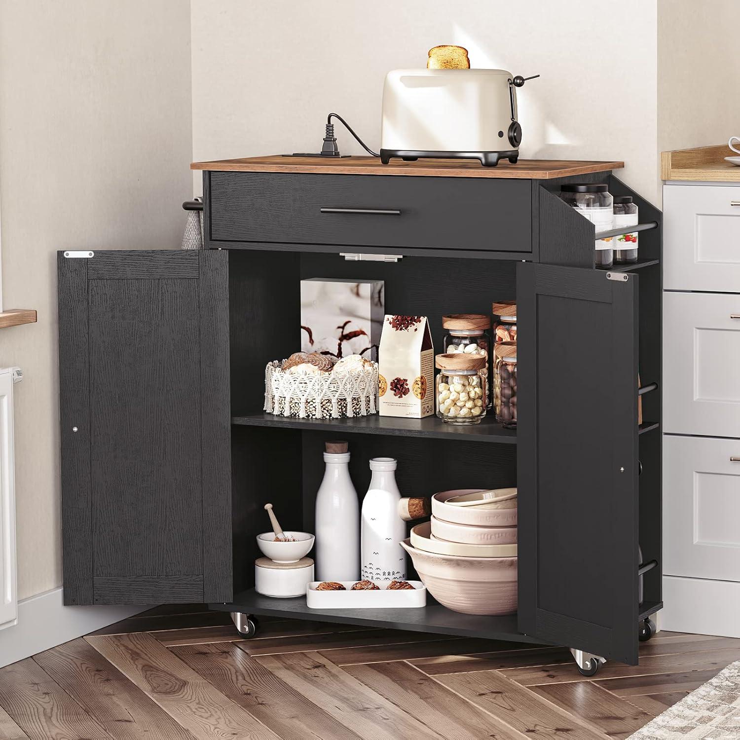 Rustic Brown and Black Rolling Kitchen Island with Power Outlet