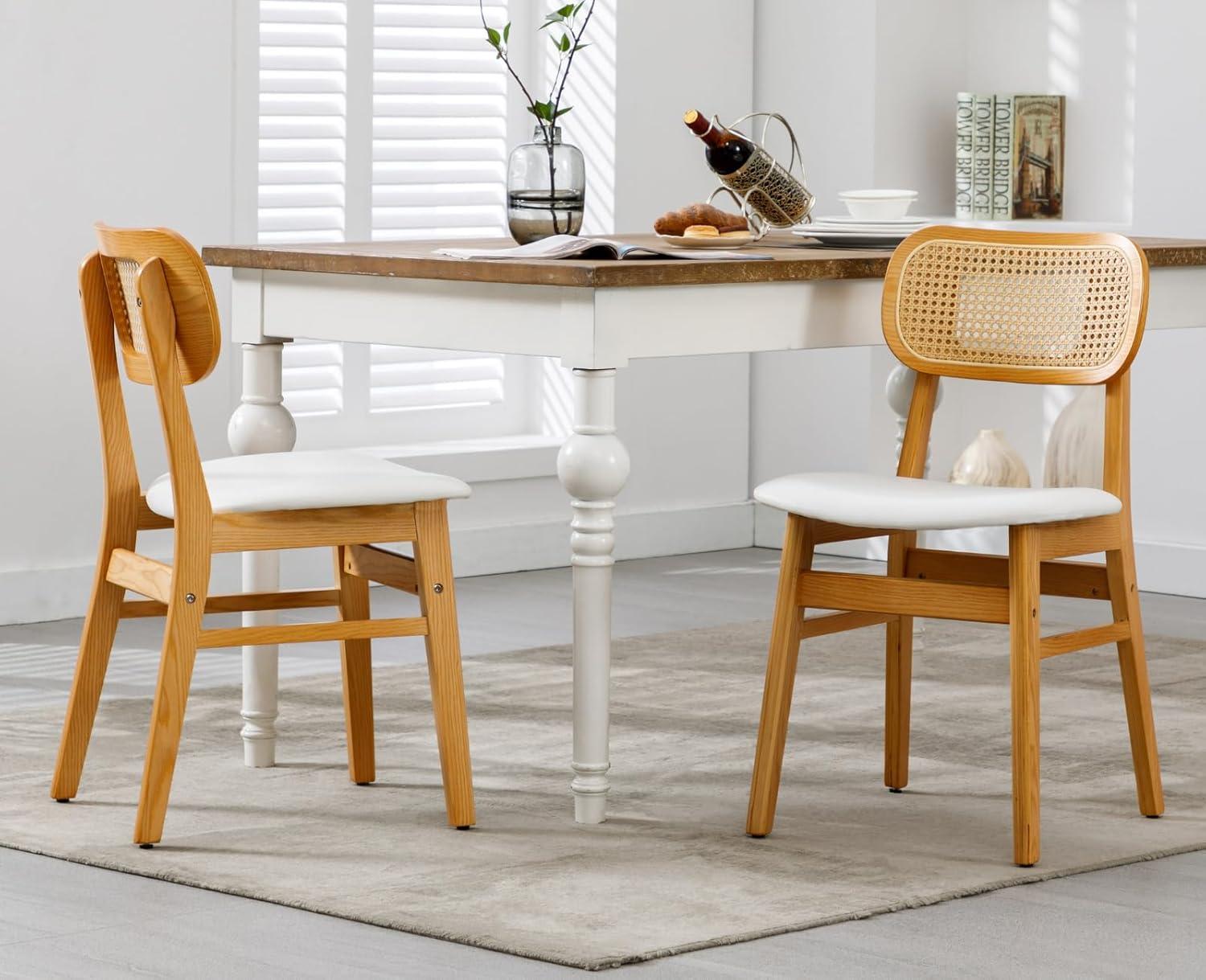 Upholstered Faux Leather Seat Rattan Back Dining Chair, Solid Wood Frame Side Chair For Living Room