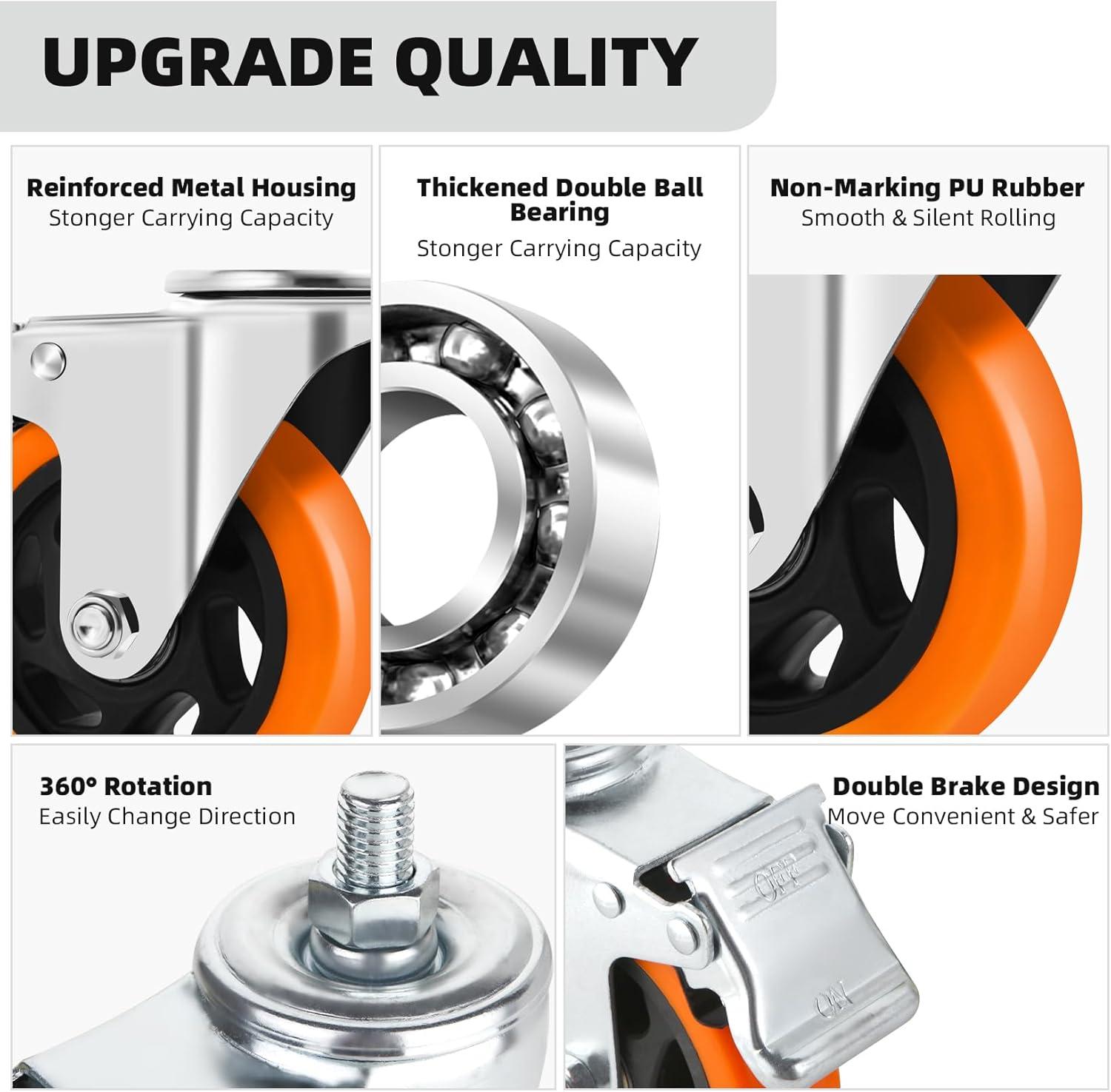 4 Inch Orange Polyurethane Heavy Duty Stem Caster Wheels with Dual Locking