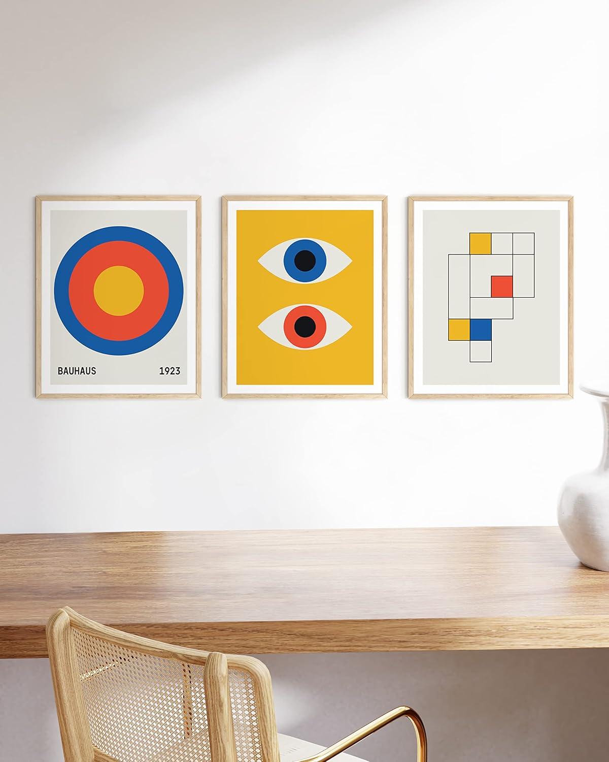 Haus and Hues Yellow and Blue Art - Set of 3 Bauhaus Geometric Pictures for Wall, Modern Art, Abstract Art, Colorful Art, Yellow and Blue Artwork, Neutral Wall Art, Colorful Wall Art (Unframed, 12x16)