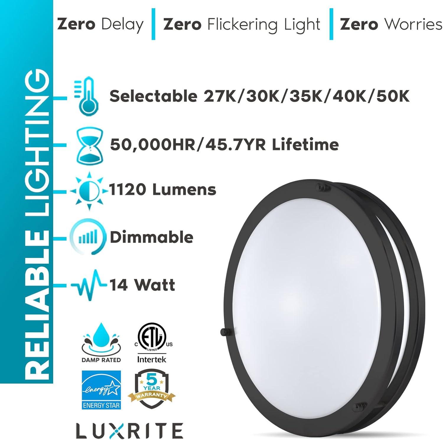 Luxrite 12 inch LED Flush Mount Ceiling Light, 5 Color Selectable 2700K-5000K, Dimmable, 14W, 1120 Lumens, ETL Listed, Matte Black