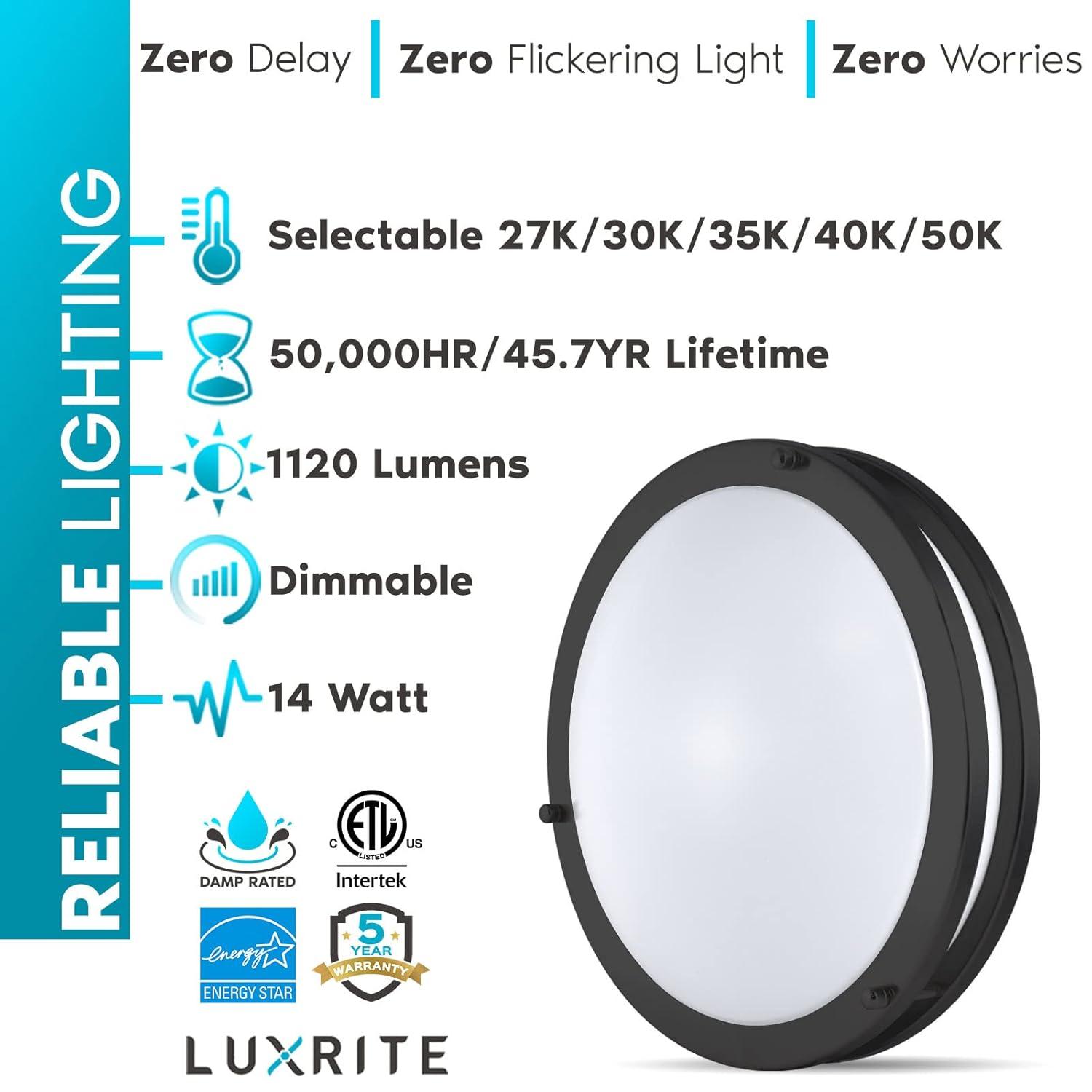 Luxrite 12 inch LED Flush Mount Ceiling Light, 5 Color Selectable 2700K-5000K, Dimmable, 14W, 1120 Lumens, ETL Listed, Matte Black