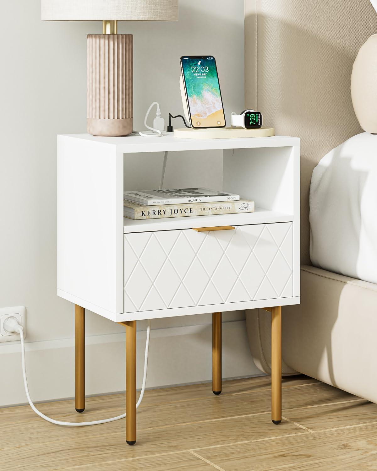 White and Gold Modern Nightstand with Drawer and Shelf