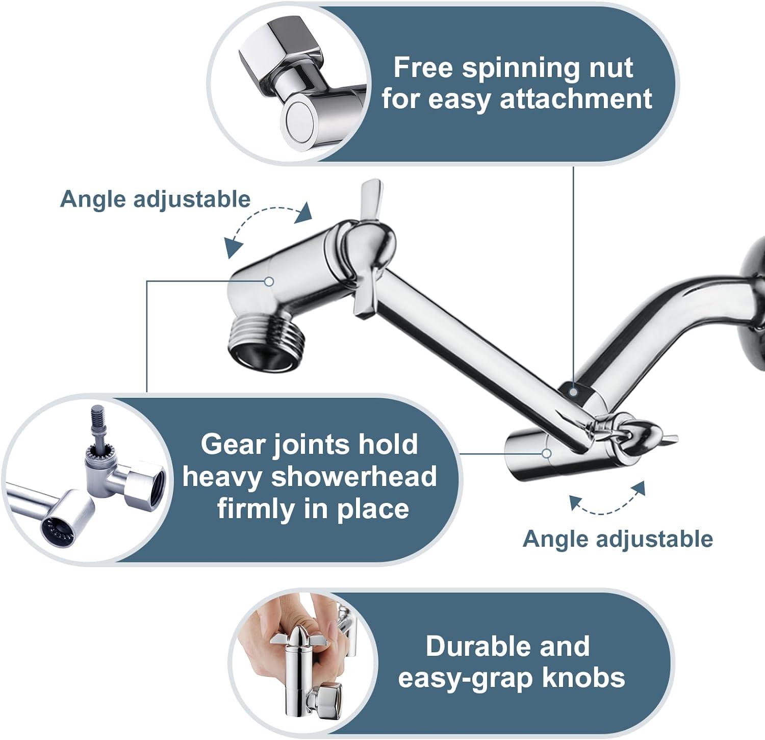 BRIGHT SHOWERS Brass Shower Arm Extender for Rain and Handheld Shower Head, 5 Inch Universal Shower Head Extension Arm, Height & Angle Adjustable, Chrome