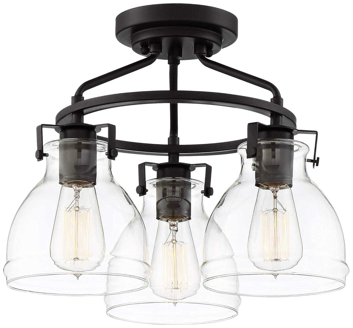 Possini Euro Design Industrial Rustic Farmhouse Ceiling Light Semi Flush Mount Fixture 14 1/2" Wide Bronze 3-Light Clear Glass Shade for Bedroom House