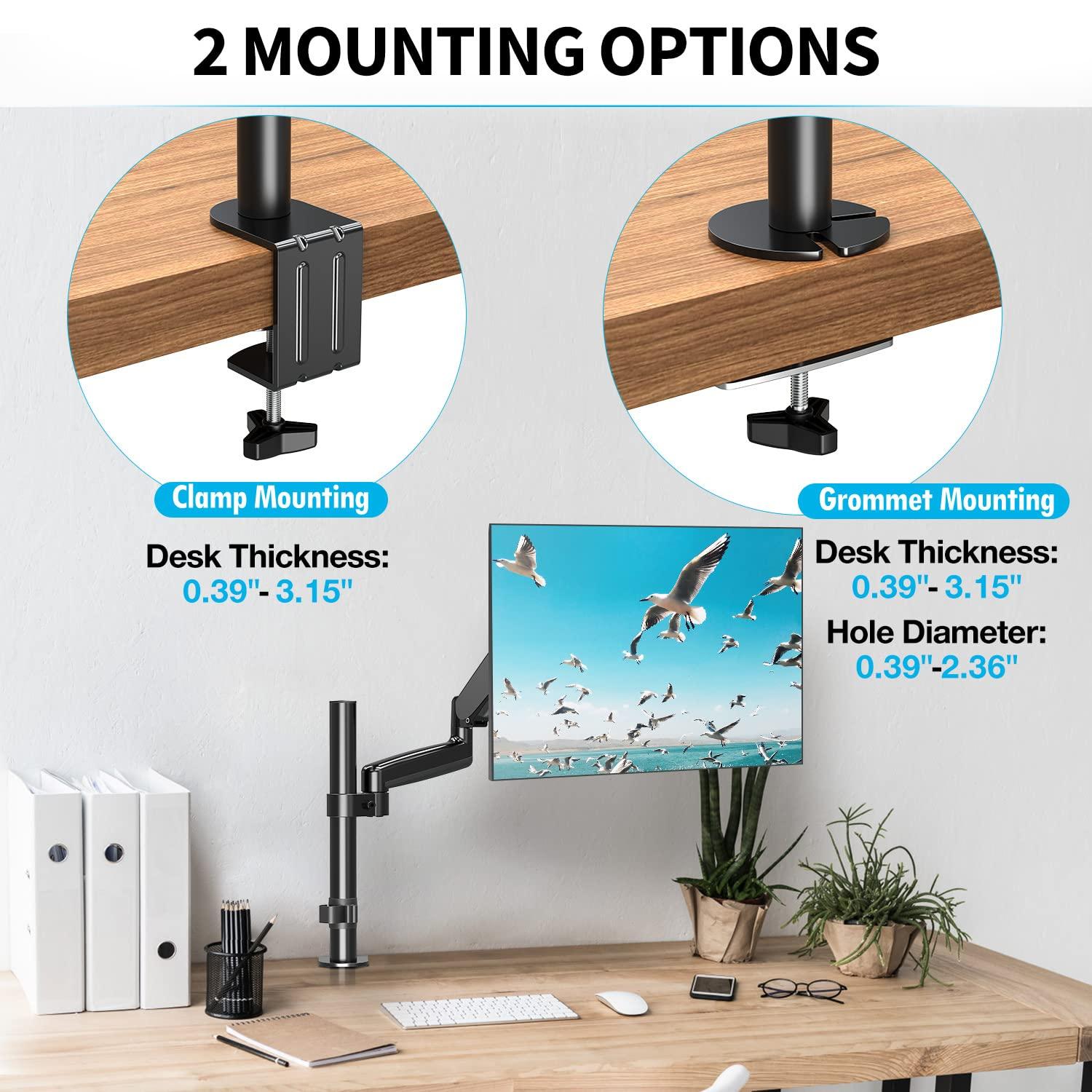 MOUNTUP Monitor Mount Desk Monitor Arm, Full Motion Gas Spring Single Computer Monitor Stand, Height Adjustable Monitor Desk Mount with C Clamp/Grommet Base, VESA Mount Fits 17 to 32 Inch LCD Screens