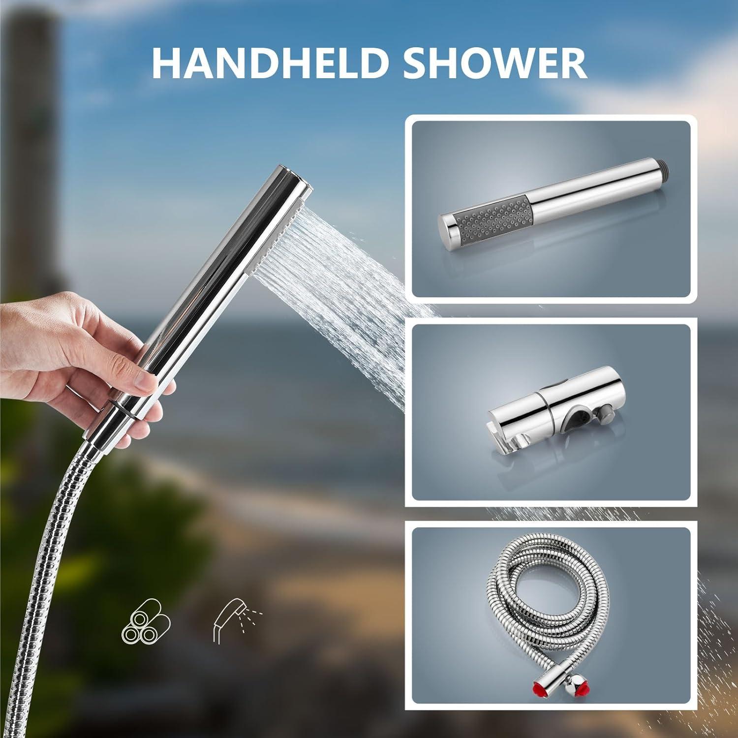 Aolemi Wall Mount Outdoor Shower Kit,Outdoor Shower Fixtures Faucet System with Handheld Spray,Double Handle 6 Inch Center Exposed Shower with Shower Head Polish Chrome