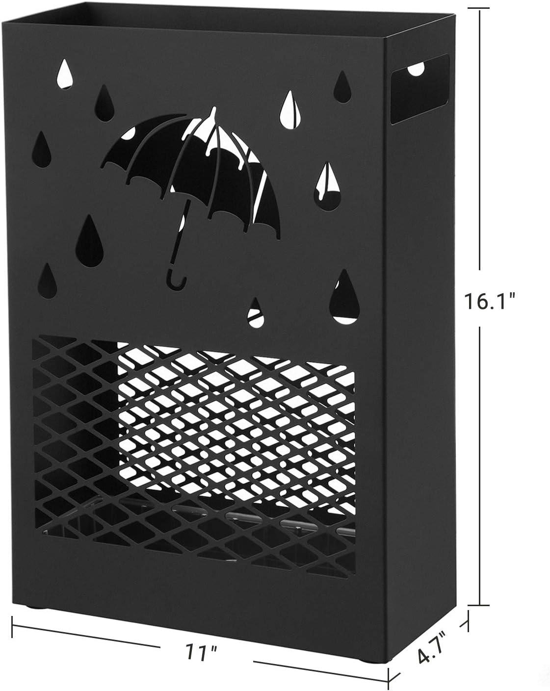 Black Metal Umbrella Stand with Cutout Design and Drip Tray