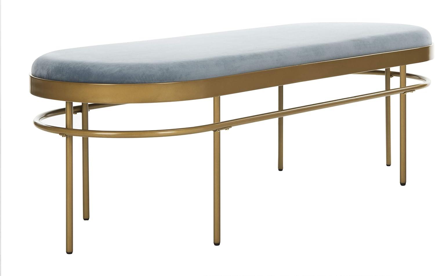 63'' Luxe Transitional Slate Blue Velvet and Gold Oval Bench