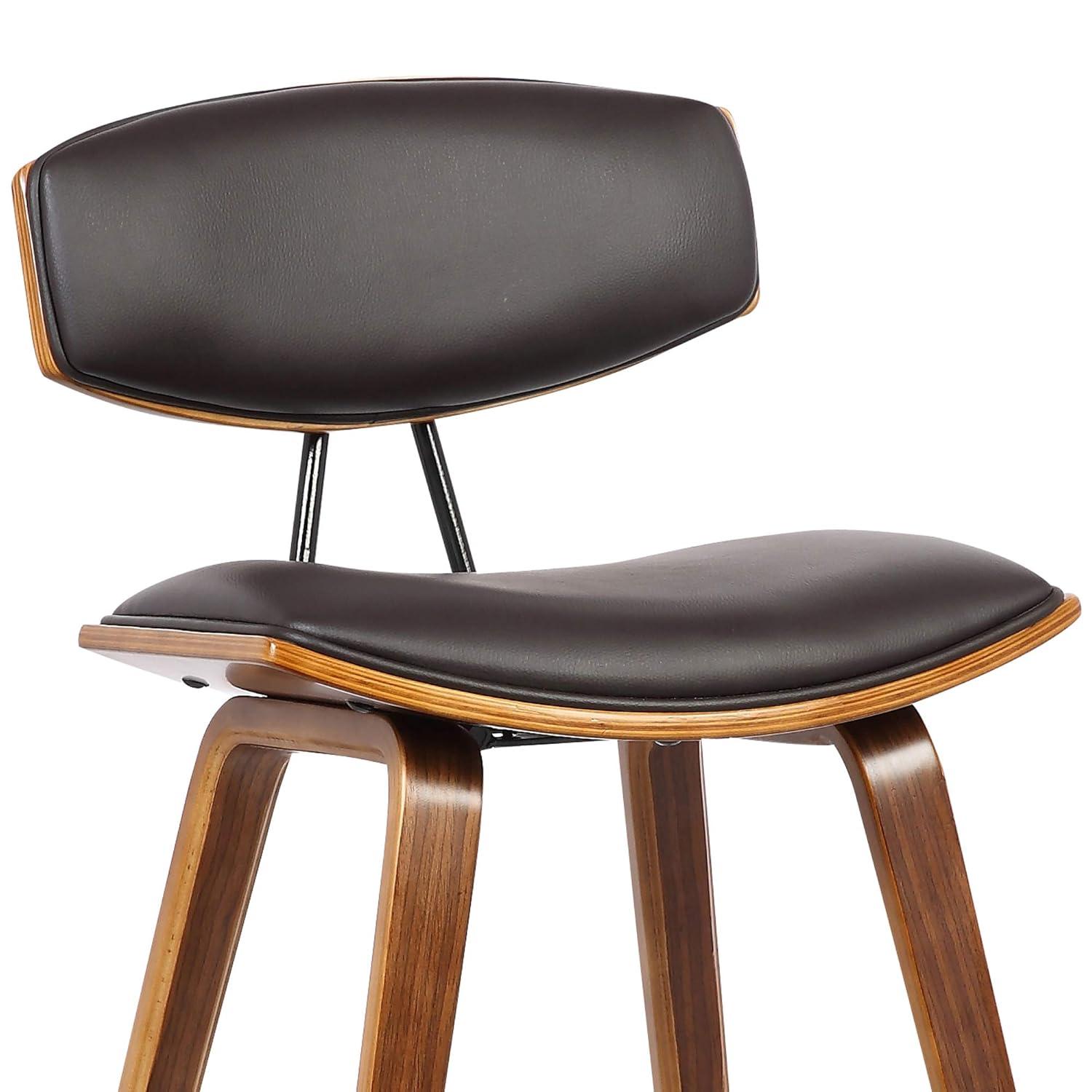 Armen Living 26" Fox Mid-Century Counter Height Barstool in Brown Faux Leather with Walnut Wood: Upholstered Square Seat, Padded Back