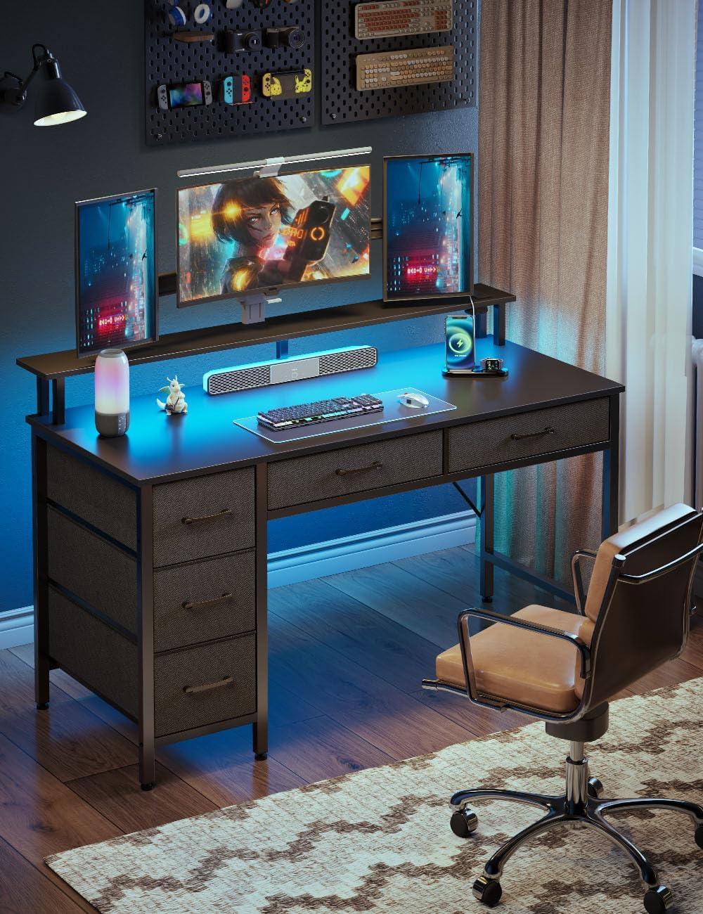 Computer Desk with Power Outlets & LED Light, 39 inch Home Office Desk with 5 Drawers, Writing Desk with Monitor Stand,Work Desk for Home Office, Black