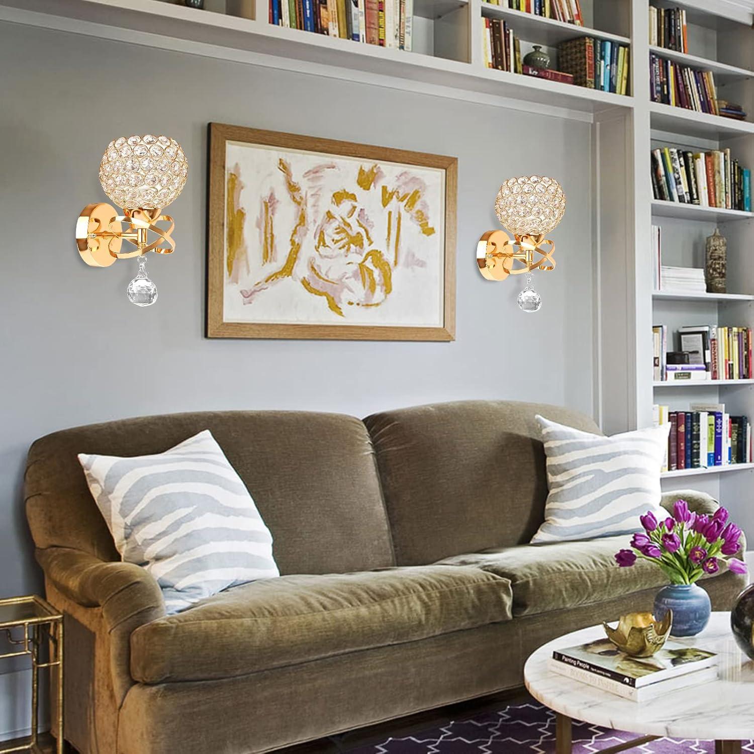 Gold Wall Sconces Set of Two, Modern Crystal Wall Light with E26 Socket Hardwired Sconces Wall Lighting Bedside Wall Lamp Crystal Decor Wall Mount Light Fixture for Living room, Bedroom, Hallway