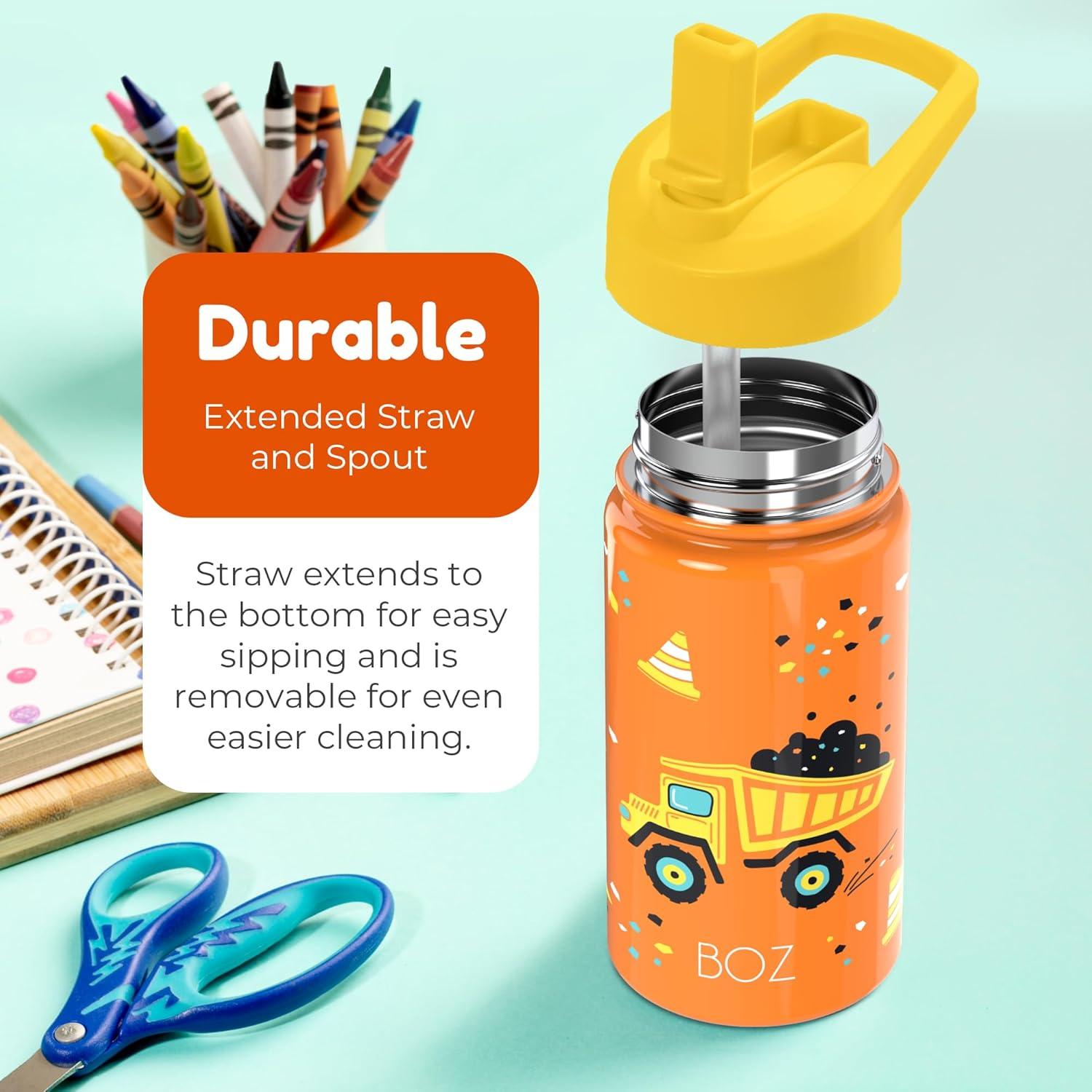 BOZ Kids Water Bottle for School with Straw Lid, Stainless Steel Insulated, 14 oz (Construction)
