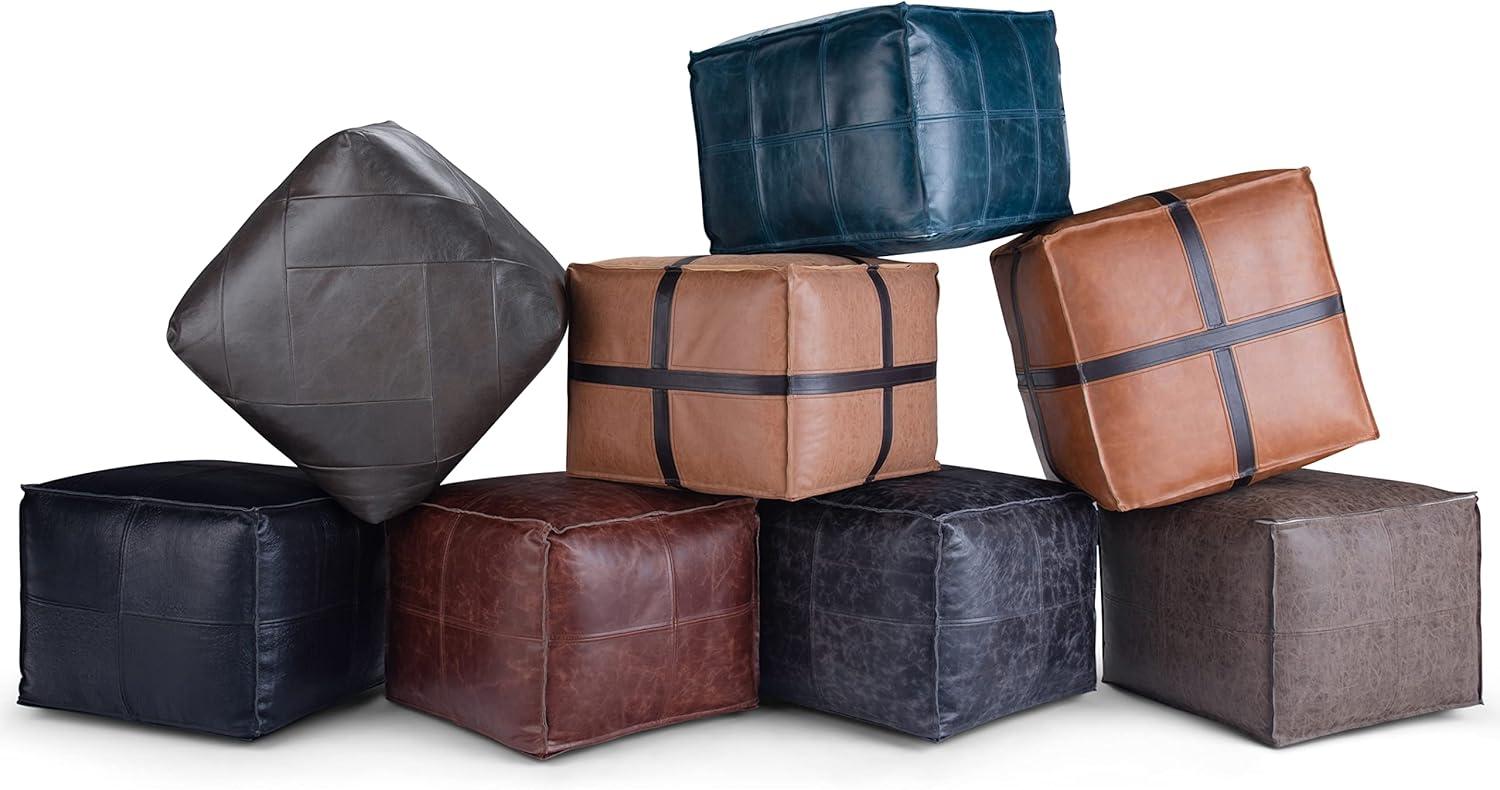 Bowen Boho Square Pouf in Black Genuine Leather