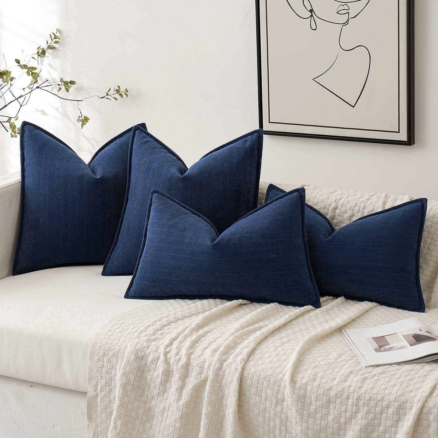 MIULEE Decorative Linen Pillow Covers 24x24 Inch Navy Blue ​Boho Farmhouse​ ​Neutral Couch Throw Pillows for Bed Pack of 2 Accent Outdoor Pillowcase Modern Sofa Cushion Livingroom Home Decor