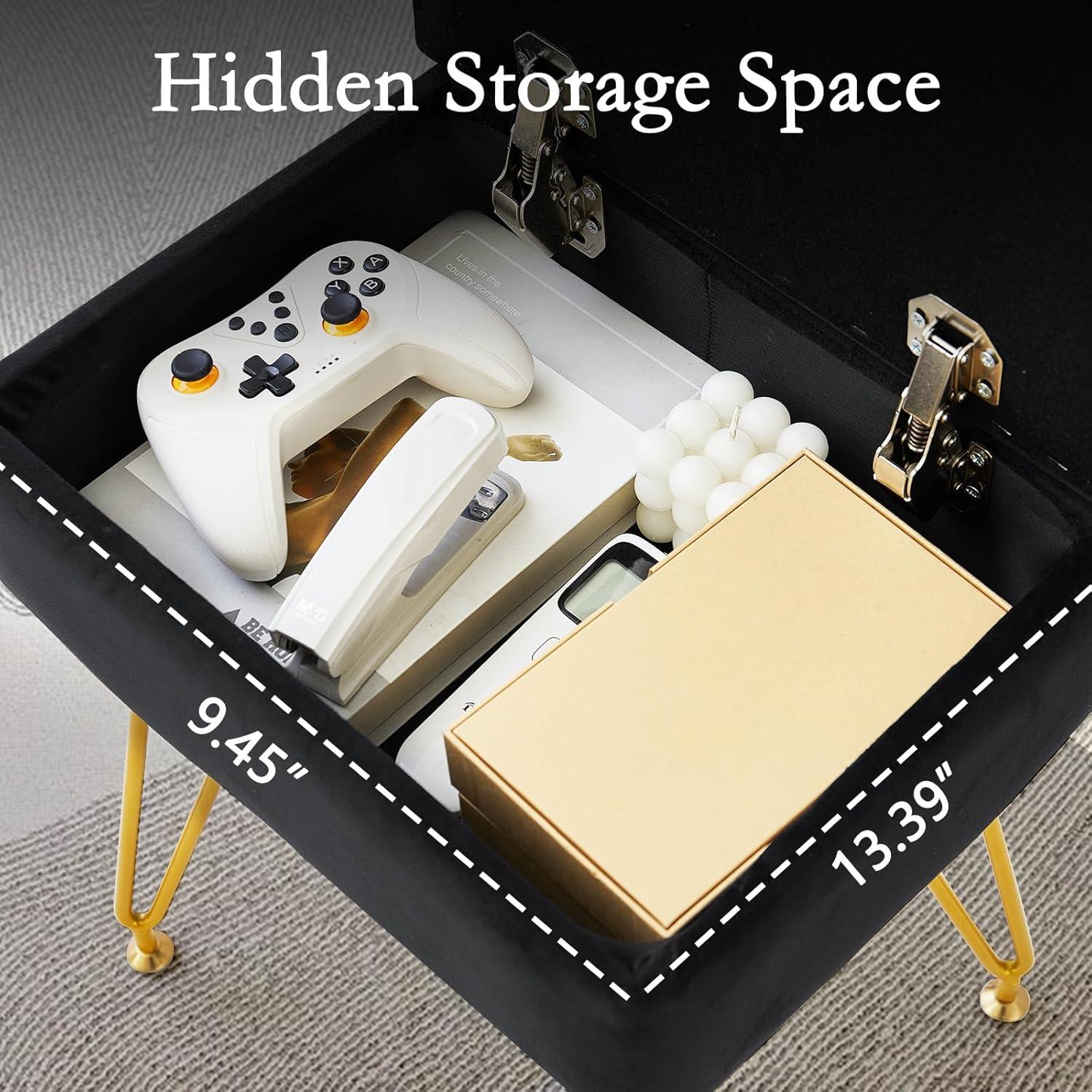 Vanity Stool Chair with Storage, Square Velvet Makeup Vanity Chair with Metal Legs & Adjustable Gold Feet, Flip Top Ottoman Foot Rest with Soft Padded Seat for Bedroom Living Room, Black