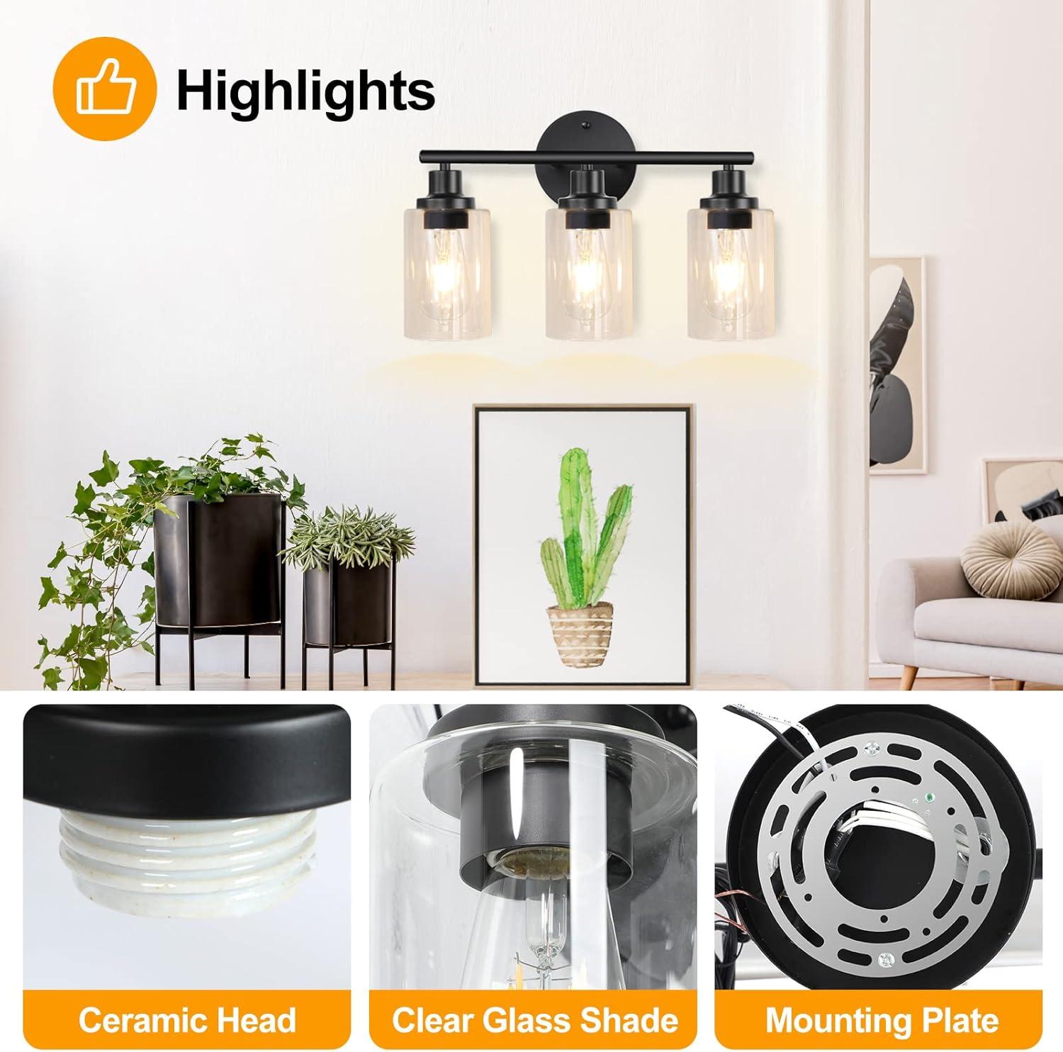 3-Light Bathroom Light Fixtures Bathroom Vanity Lights with Clear Glass Shades Matte Black Bathroom Light Fixtures over mirror for Mirror Living Room Cabinet Bedroom Porch