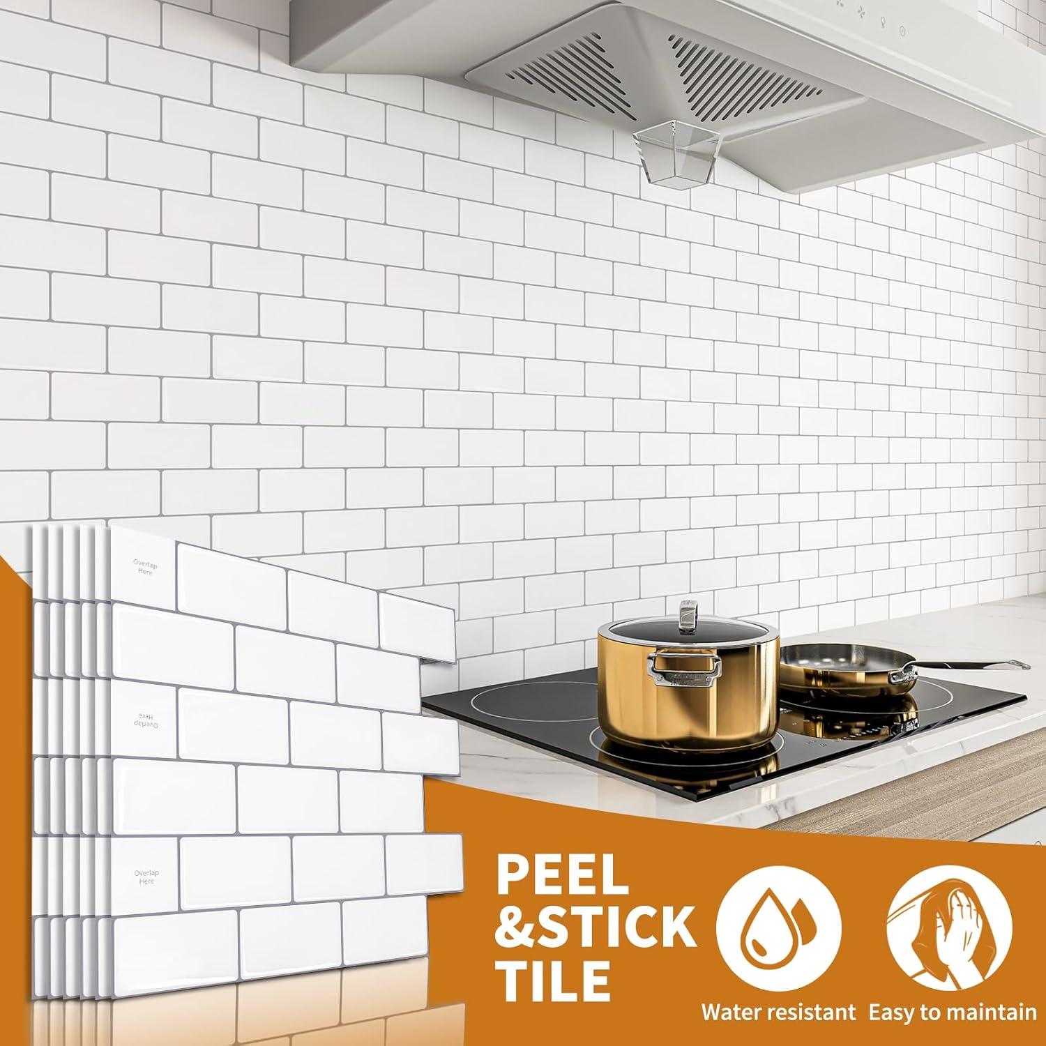 Art3d Peel and Stick Backsplash Tile, 10-Sheet Stick on Subway Tiles for Kitchem, Bathroom Back Splashes, 12"x12", Warm White with Black Grout