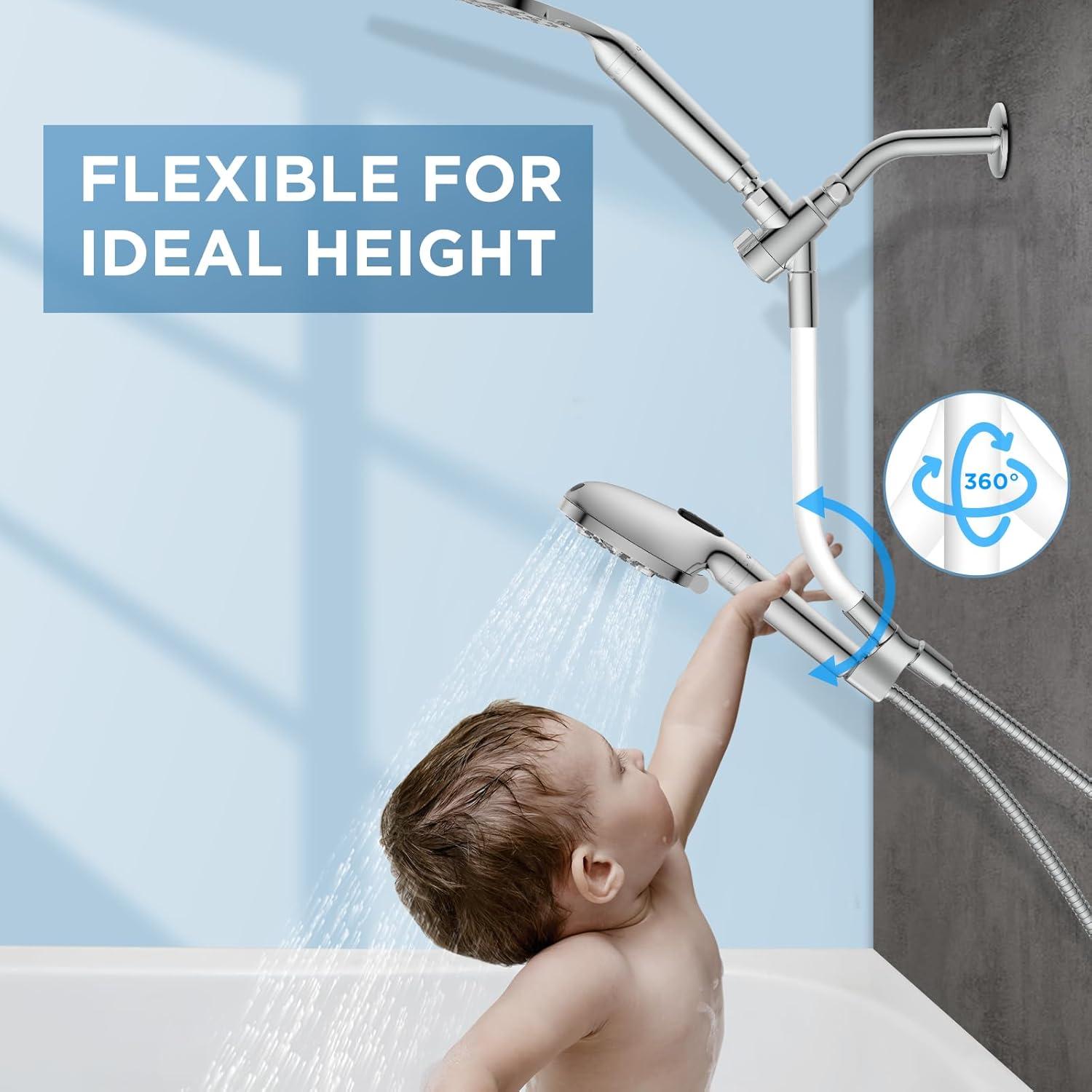 Dual Handheld Shower Head Combo, 2-in-1 Rain Shower Heads System 8 Inch Rainfall Shower Head and 10 Modes High Pressure Hand Held Showerhead with Built-in Power Wash