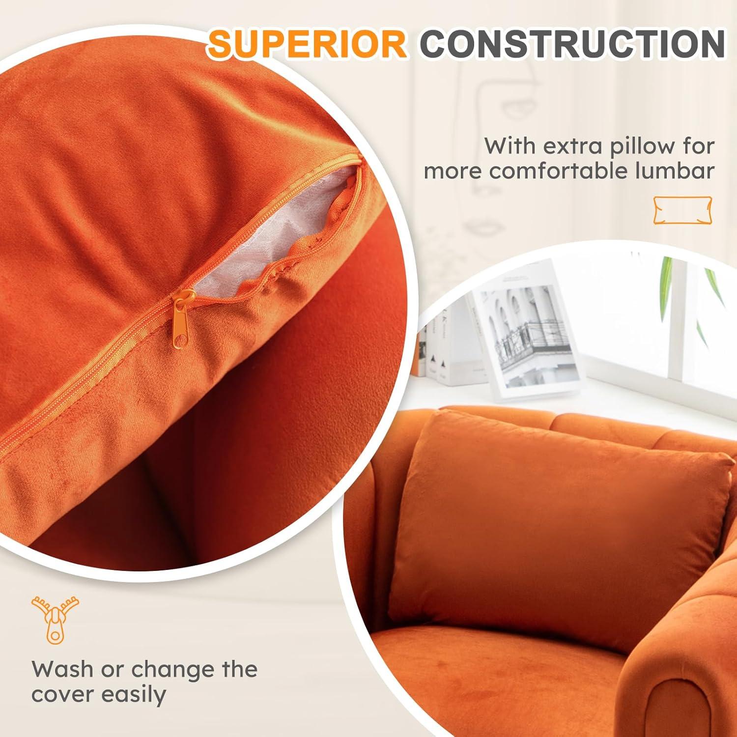 EBELLO  Oversize Velvet Swivel 360° Rotation Barrel Comfy Round Armchair With Plump Pillow Suitable For Living Room Bedroom Orange