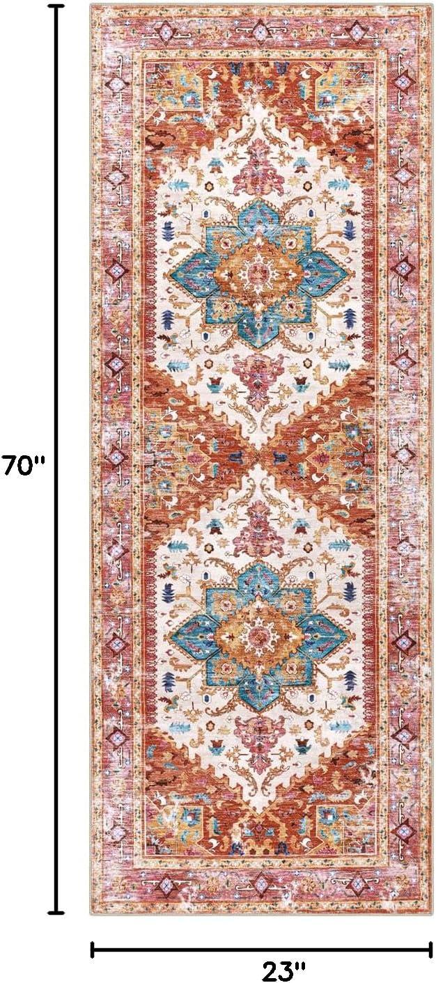 Hasoo 2' x 6' Hallway Runner Rug Vintage Persian Rug Soft Medallion Print Rug Retro Distressed Mat for Laundry Room Kitchen, Pink/Blue