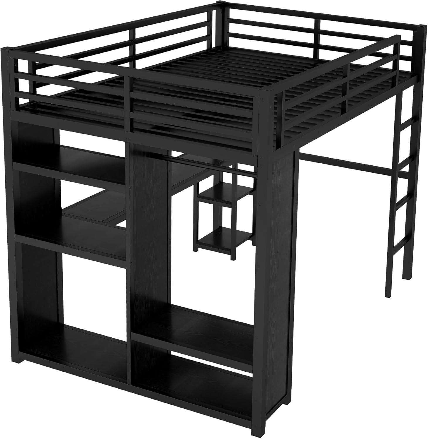 Bellemave Queen Size Loft Bed with Desk and Wardrobe Metal Loft Bed with Storage Shelves Loft Bed Frame with Guardrails for Kids, Teens, No Box Spring Needed (Queen, Black)