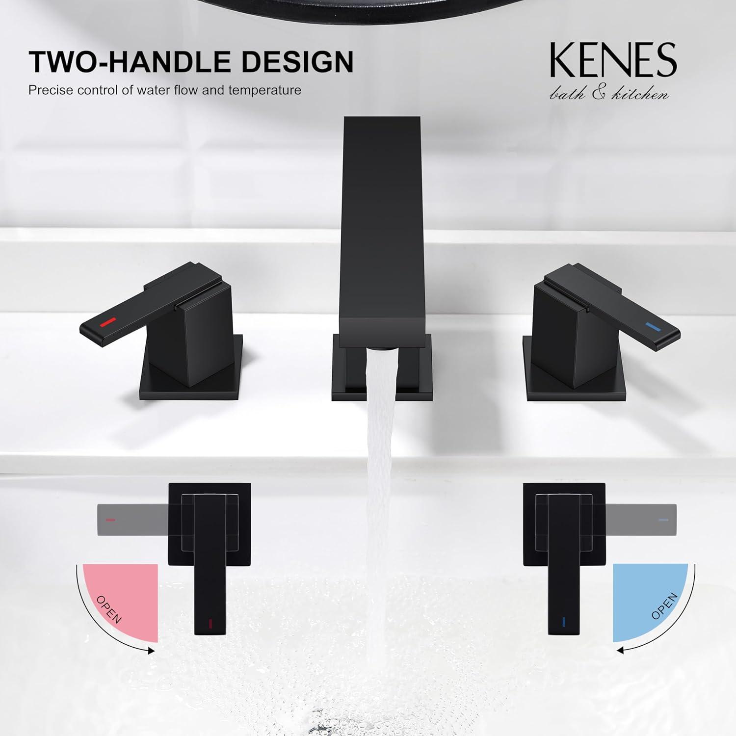 KENES Matte Black Widespread Bathroom Faucet Two Handle Bathroom Sink Faucets Black 3 Hole, 8-Inch 3 Pieces Bathroom Vanity Faucet Lavatory Faucet with Supply Lines, KE-9050-2