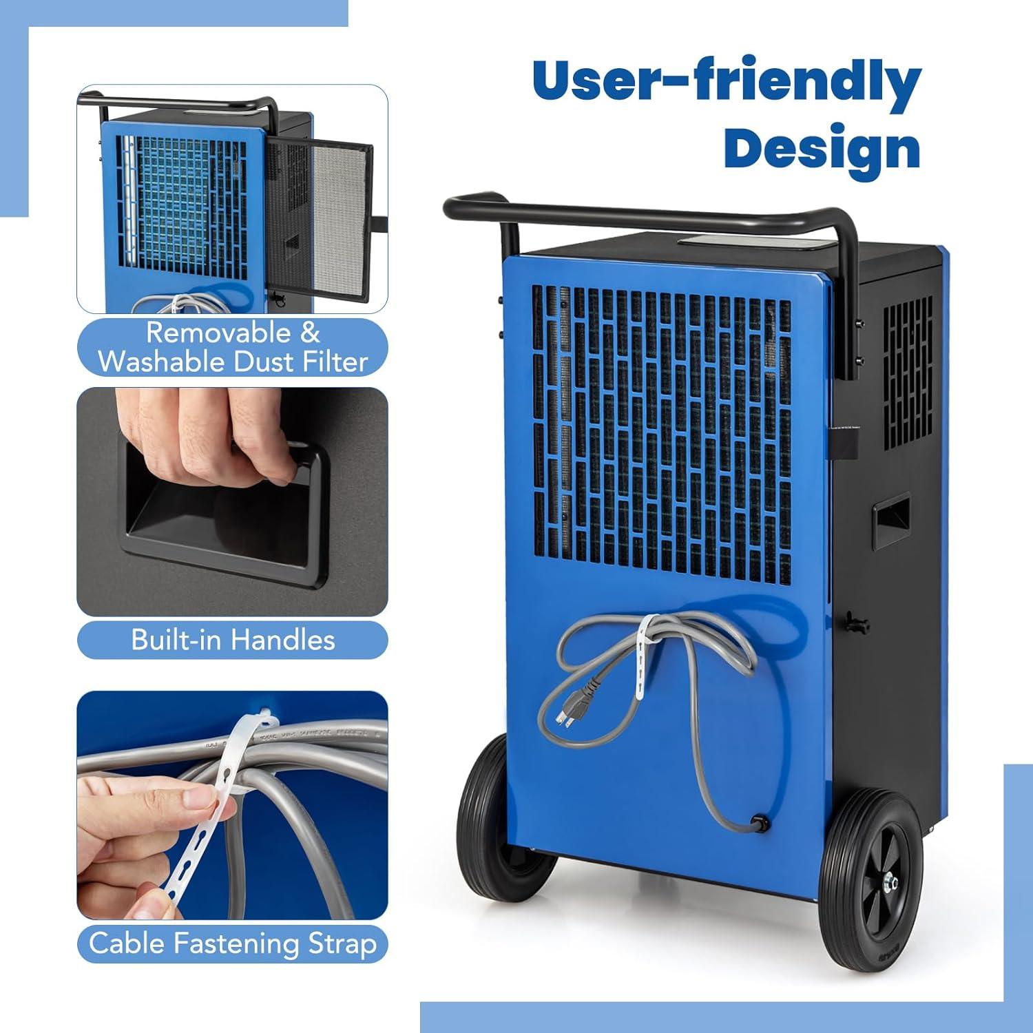 Blue Portable Commercial Dehumidifier with Humidistat and Timer