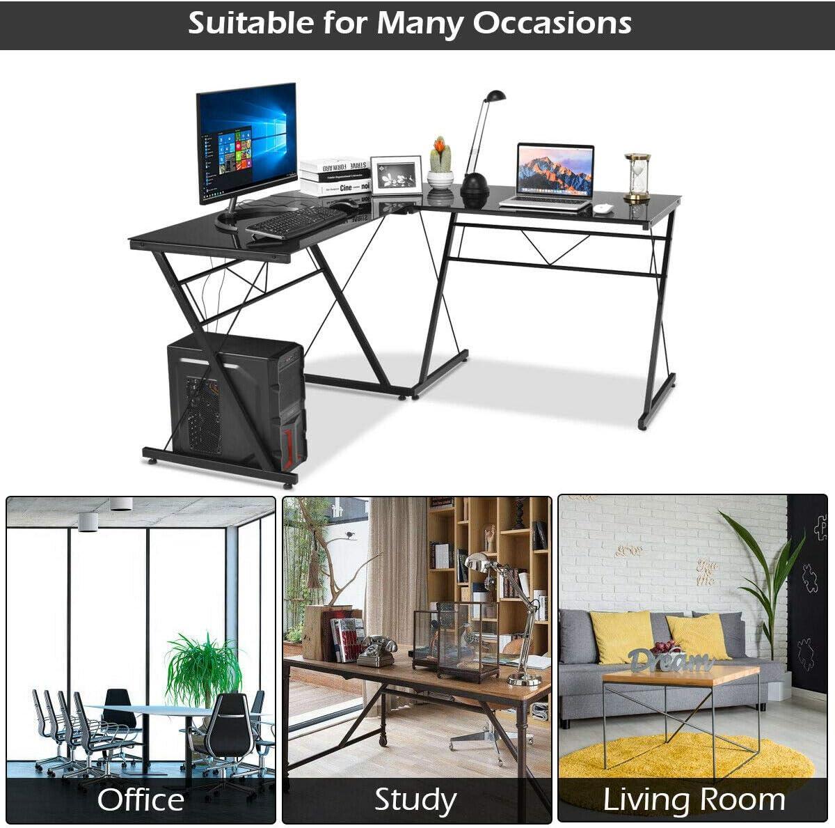 Tangkula L-Shaped, Corner, Modern Simple Style 3-Piece Metal Frame Study Laptop Desk Writing Gaming Table, Computer Workstation Top, Home Office Studio, Black