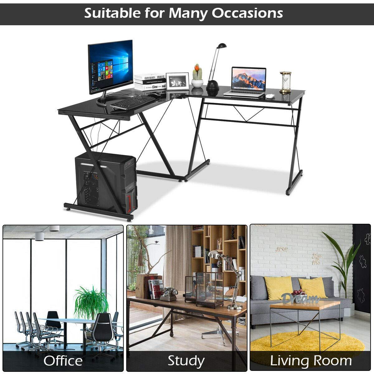 Tangkula L-Shaped, Corner, Modern Simple Style 3-Piece Metal Frame Study Laptop Desk Writing Gaming Table, Computer Workstation Top, Home Office Studio, Black