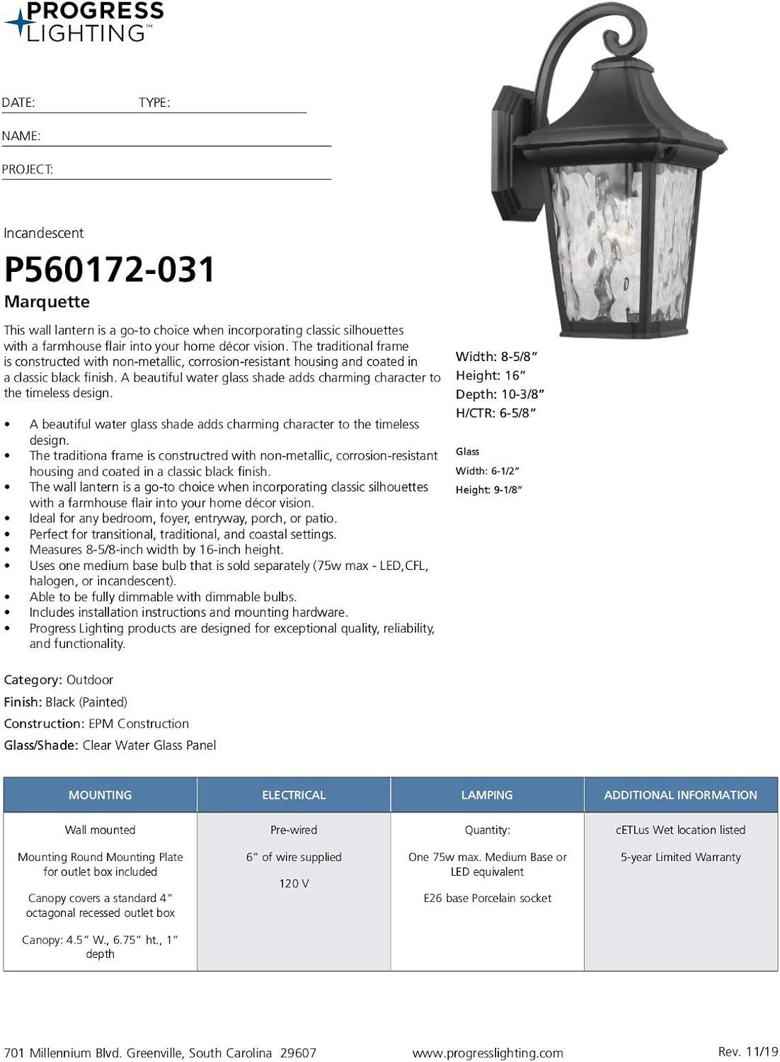 Progress Lighting Marquette 1-Light Outdoor Wall Lantern in Black with Water Glass Shade