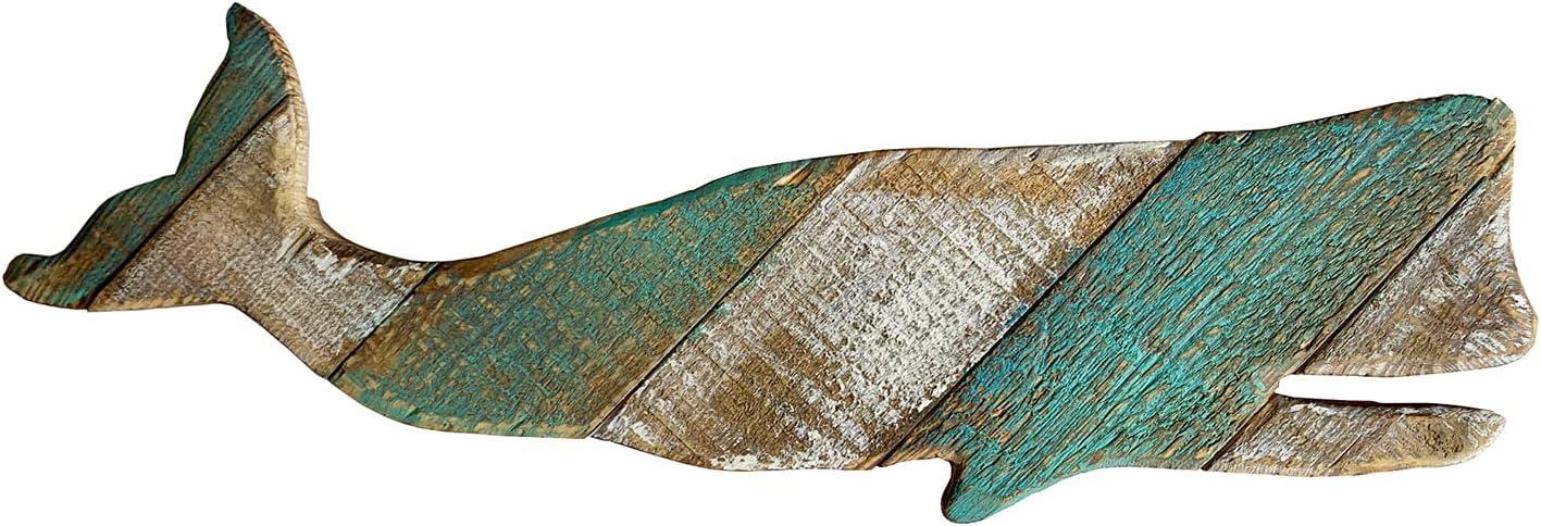 Rustic Wooden Nautical Hanging Handcarved Whale Wall Decor, Distressed Whale Wall Sculpture Indoor Outdoor Beach Themed Decoration 16''H