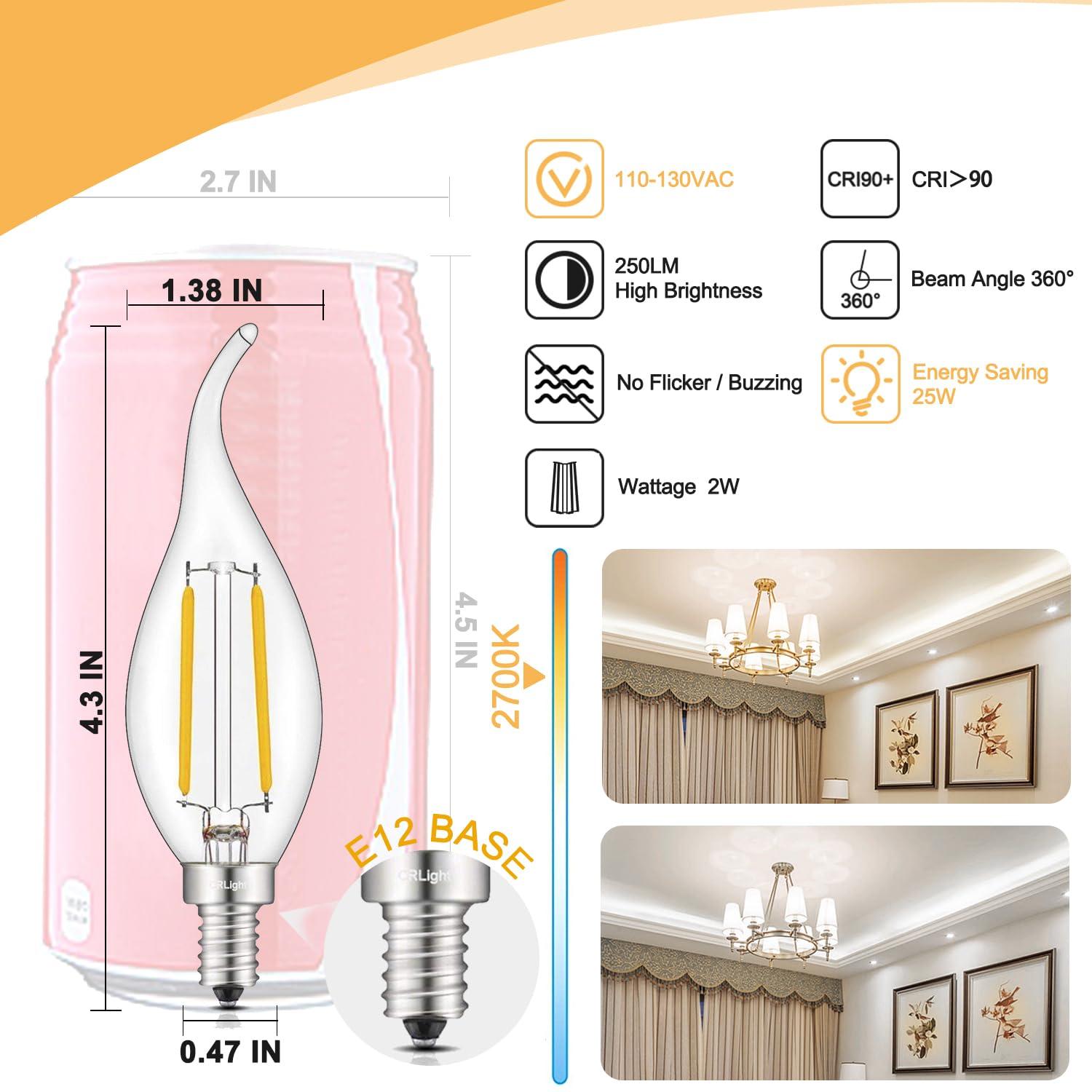 CRLight ETL Listed 2W Dimmable LED Candelabra Bulb 2700K Warm White, 250LM 25W Incandescent Equivalent, E12 Chandelier Candle Bulbs, C35 Clear Flame Shape Bent Tip, 360 Degrees Beam Angle, 10 Pack