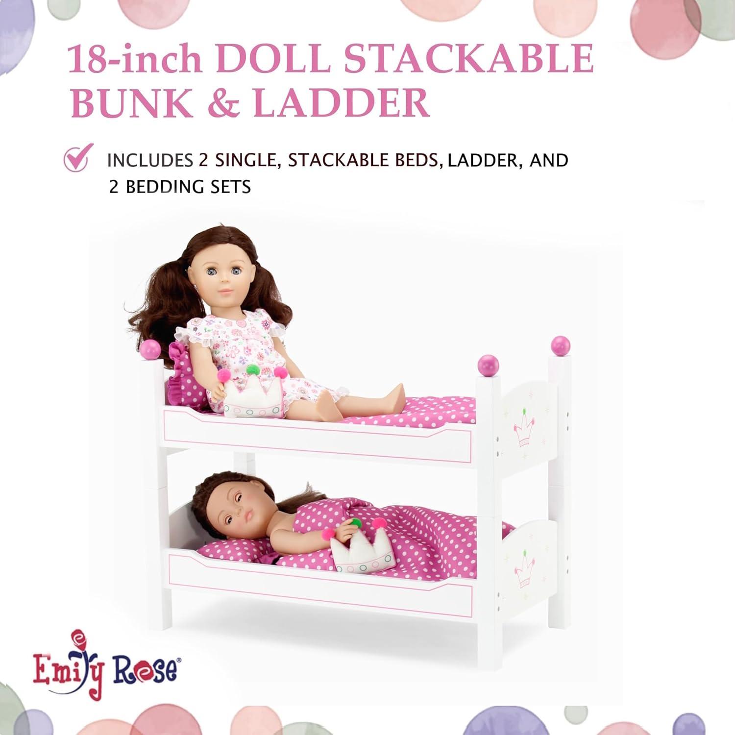 Emily Rose 18 Inch Doll Bunk Bed Furniture | 2 Single 18" Doll Stackable Beds | Bunkbed with Ladder and (2) 4-PC Bedding Accessory Sets | Ideal Girls Gift Set for Easter | USA Business