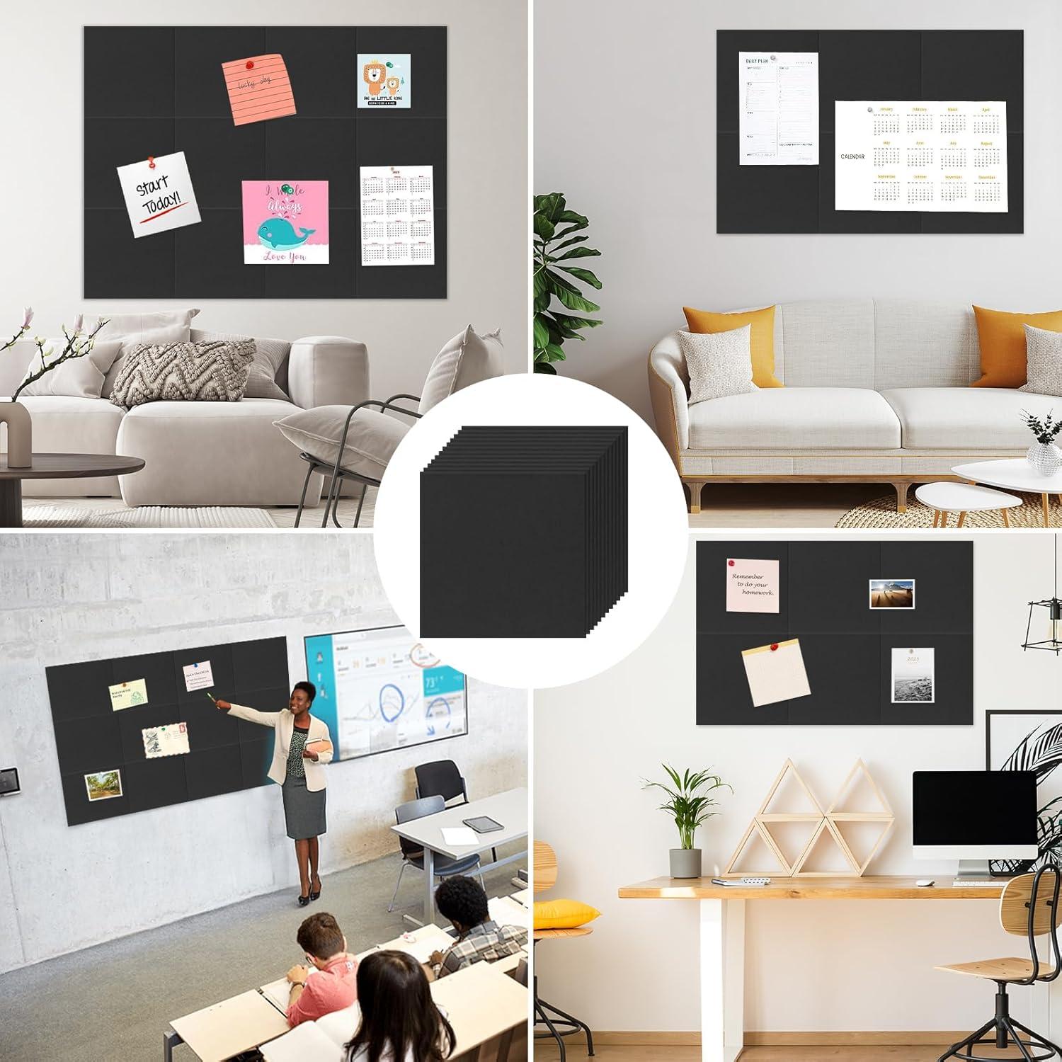 Large Cork Board Alternative 48" x 36", Black Bulletin Board, 12 Pack Felt Wall Tiles With 50 Pushpins, Pin Board Tack Board for Office (Dark Blue)