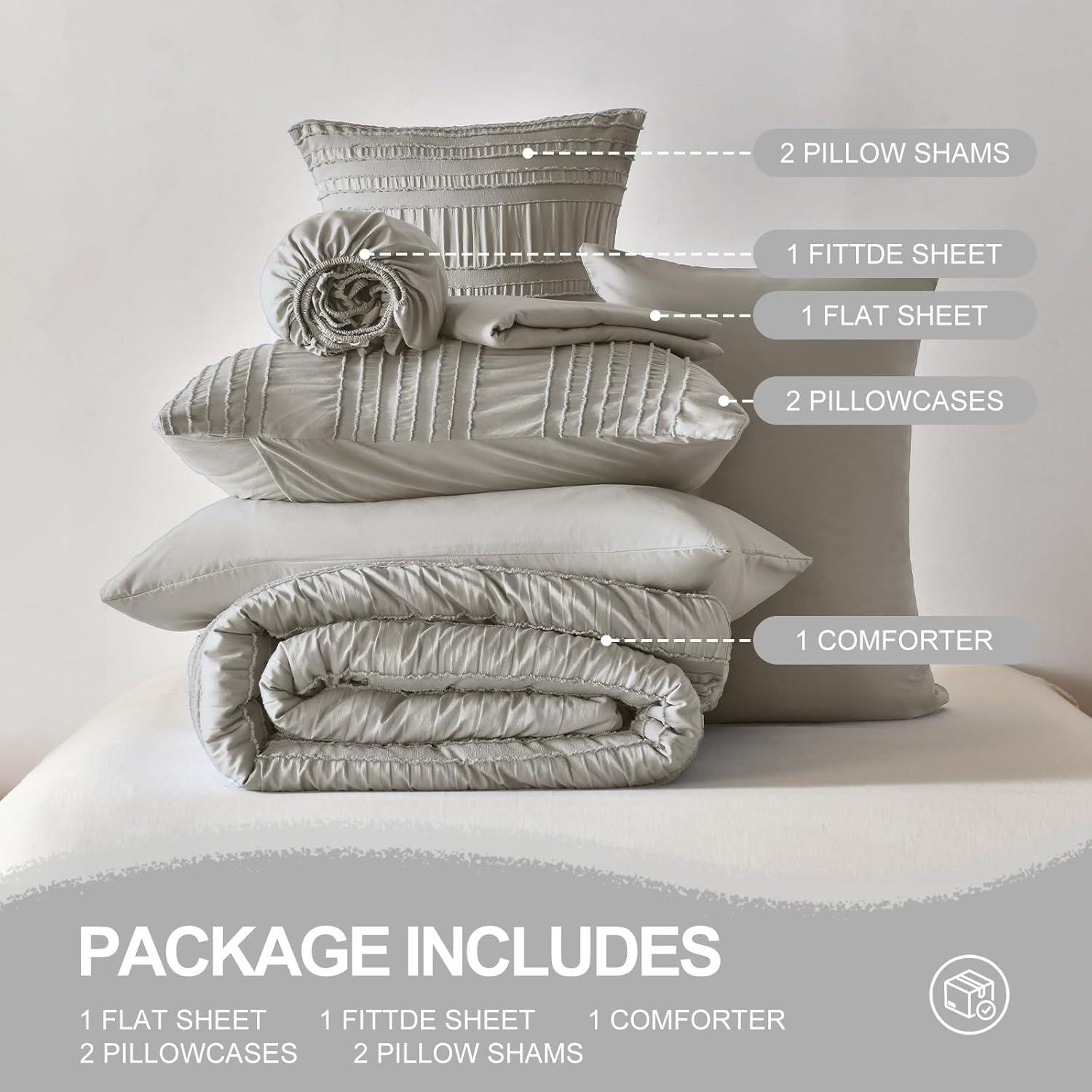 Gray Ruched Ruffle Queen Comforter Set with Pillowcases and Sheets