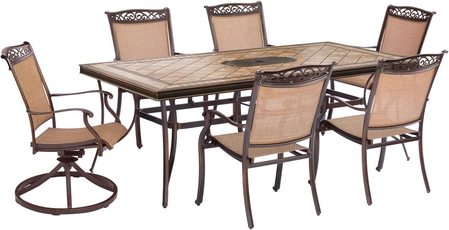 Hanover Fontana 7-Piece Outdoor Dining Set with 2 Sling Swivel Rockers, 4 Sling Chairs, and a 38-In. x 72-In. Cast-Top Table