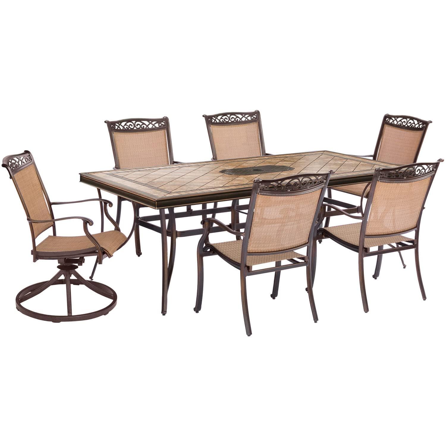 Hanover Fontana 7-Piece Outdoor Dining Set with 2 Sling Swivel Rockers, 4 Sling Chairs, and a 38-In. x 72-In. Cast-Top Table