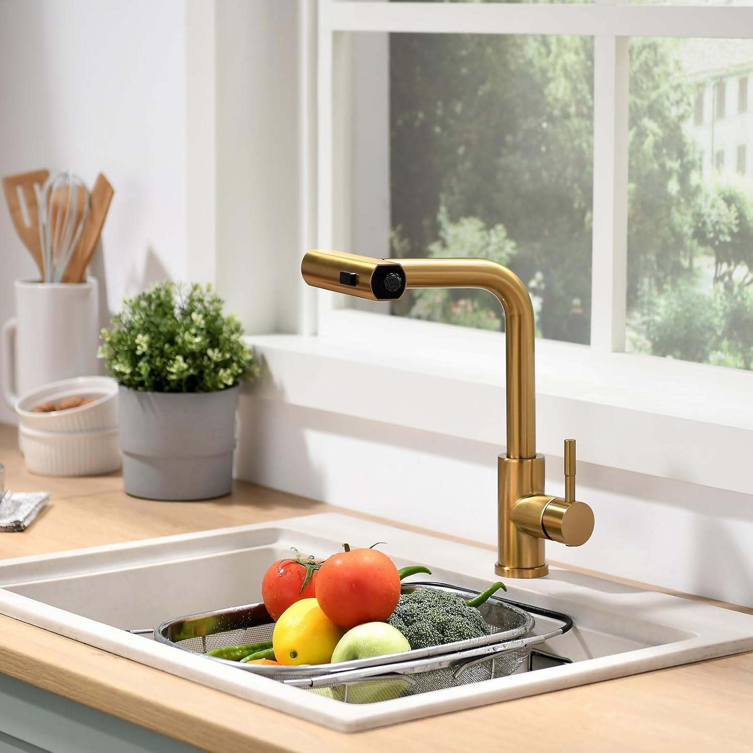 Kitchen Faucets with Pull Down Sprayer, Brushed Gold Waterfall Kitchen Sink Faucet with Soap Dispenser, Single Hole Stainless Steel Kitchen Faucet, Modern Single Handle Pull Out Kitchen Faucet