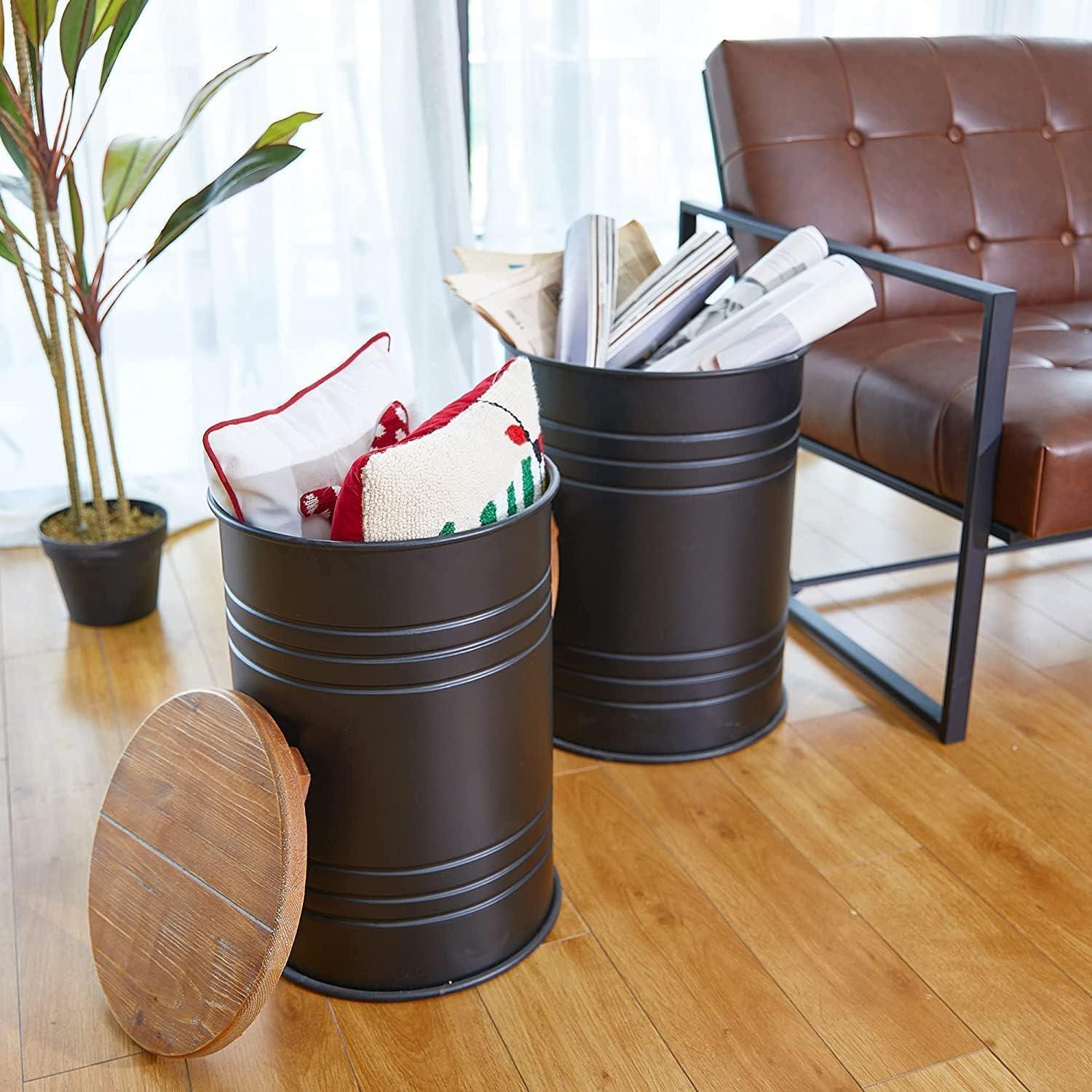 Rustic Storage Ottoman Seat Stool, Farmhouse Accent Side Table, Antique Galvanized Metal End Table Box Bin with Round Wooden Lid Set of 2 (Black)