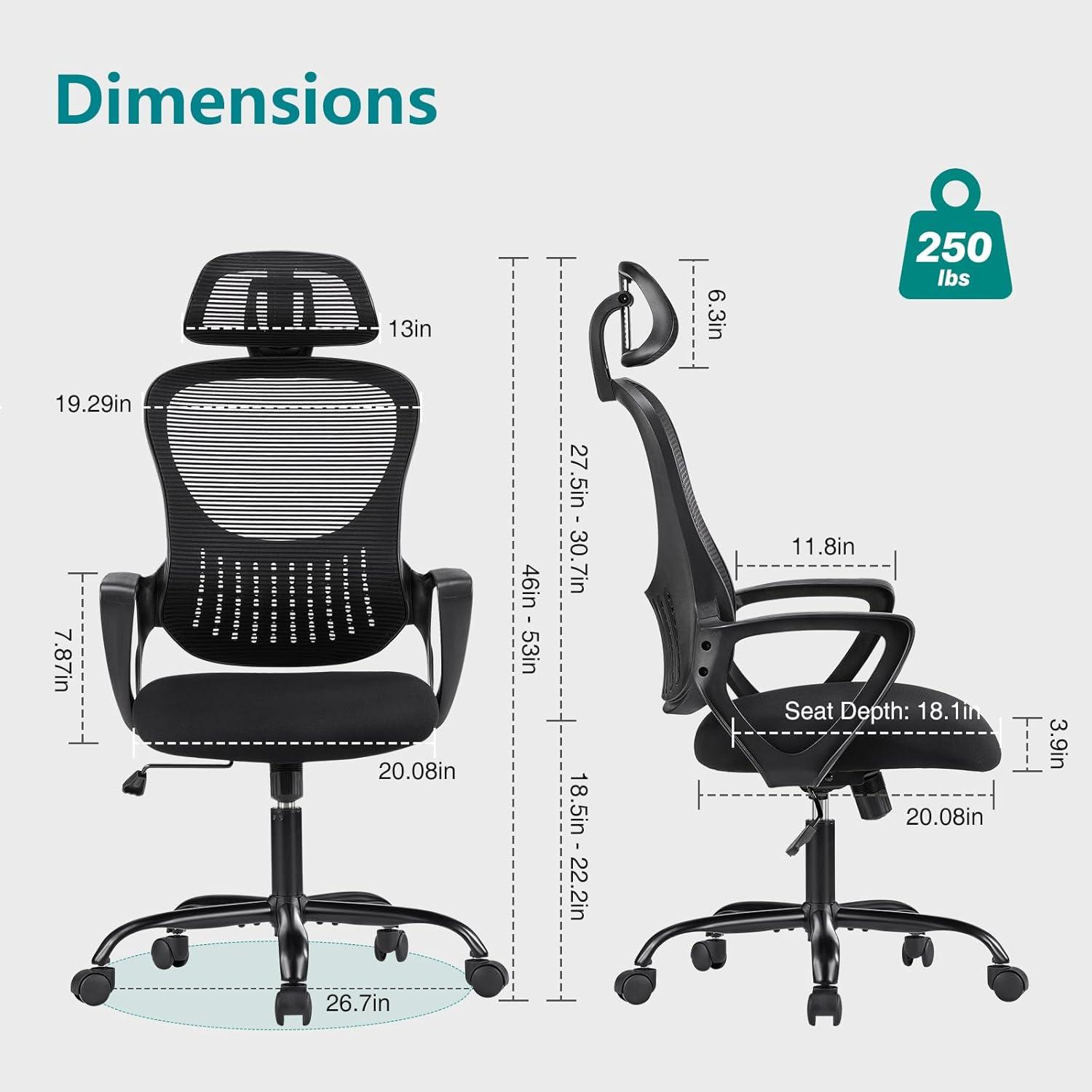 Office Computer Desk Chair, Ergonomic High-Back Mesh Rolling Work Chairs with Wheels and Adjustable Headrests, Comfortable Lumbar Support, Comfy Flip-up Arms for Home, Bedroom, Study,Black