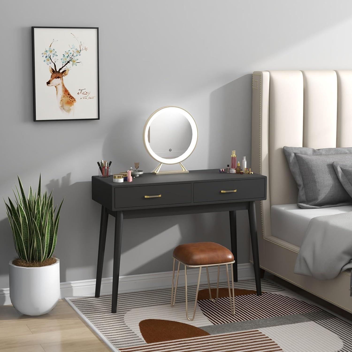 Small White Desk with 2 Drawers, Modern Writing Desk for Small Spaces, Home Office Desk for Study, Laptop Computer Desk for Work, Makeup Vanity Table for Bedroom (White)