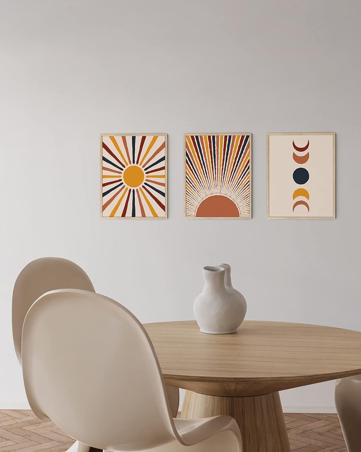 HAUS AND HUES Mid Century Modern Wall Art Boho Wall Decor - Set of 3 Sun Art Print Boho Wall Prints Mid Century Decor | Boho Posters and Prints Moon Wall Art | UNFRAMED (11x14)
