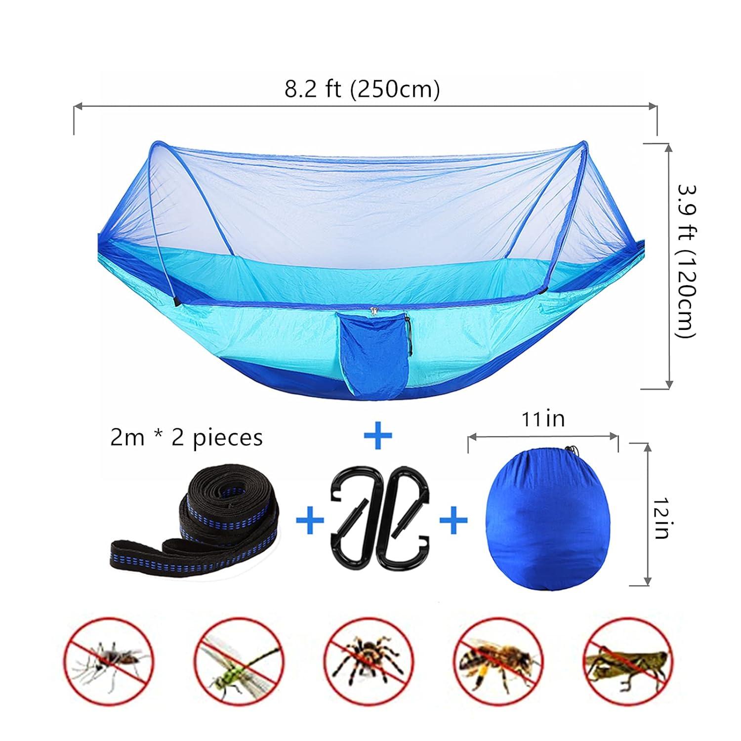 LFL Camping Hammock with Mosquito Net, Hammocks with 13ft Tree Straps Carabiners, Automatic Quick Open Outdoor Portable Hammock, Nylon Parachute Material Outside Hammock with net, Blue