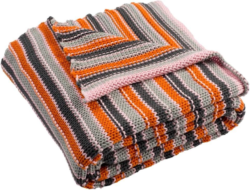 Gray and Orange Cotton Knitted Throw Blanket